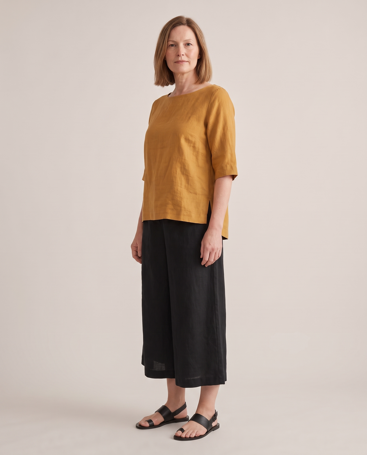 LIFT linen top in Ochre, three-quarter view