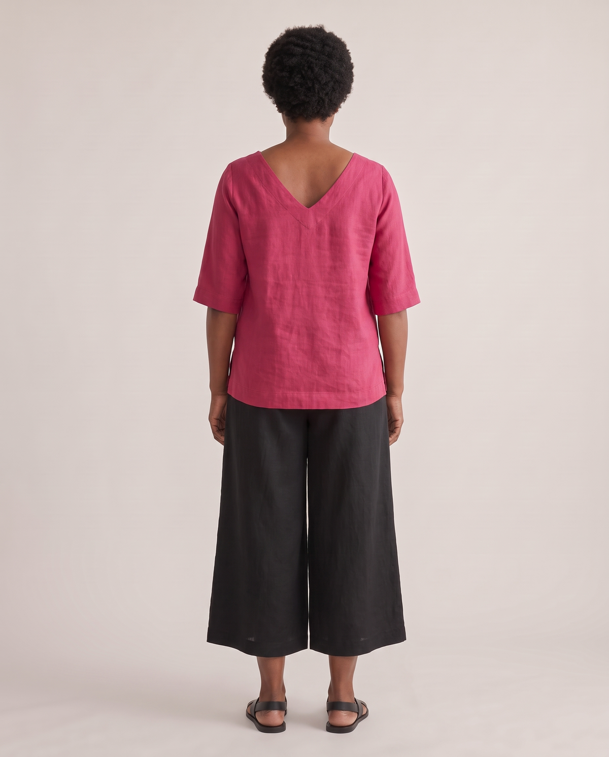 LIFT linen top in Cerise, back view with V neckline