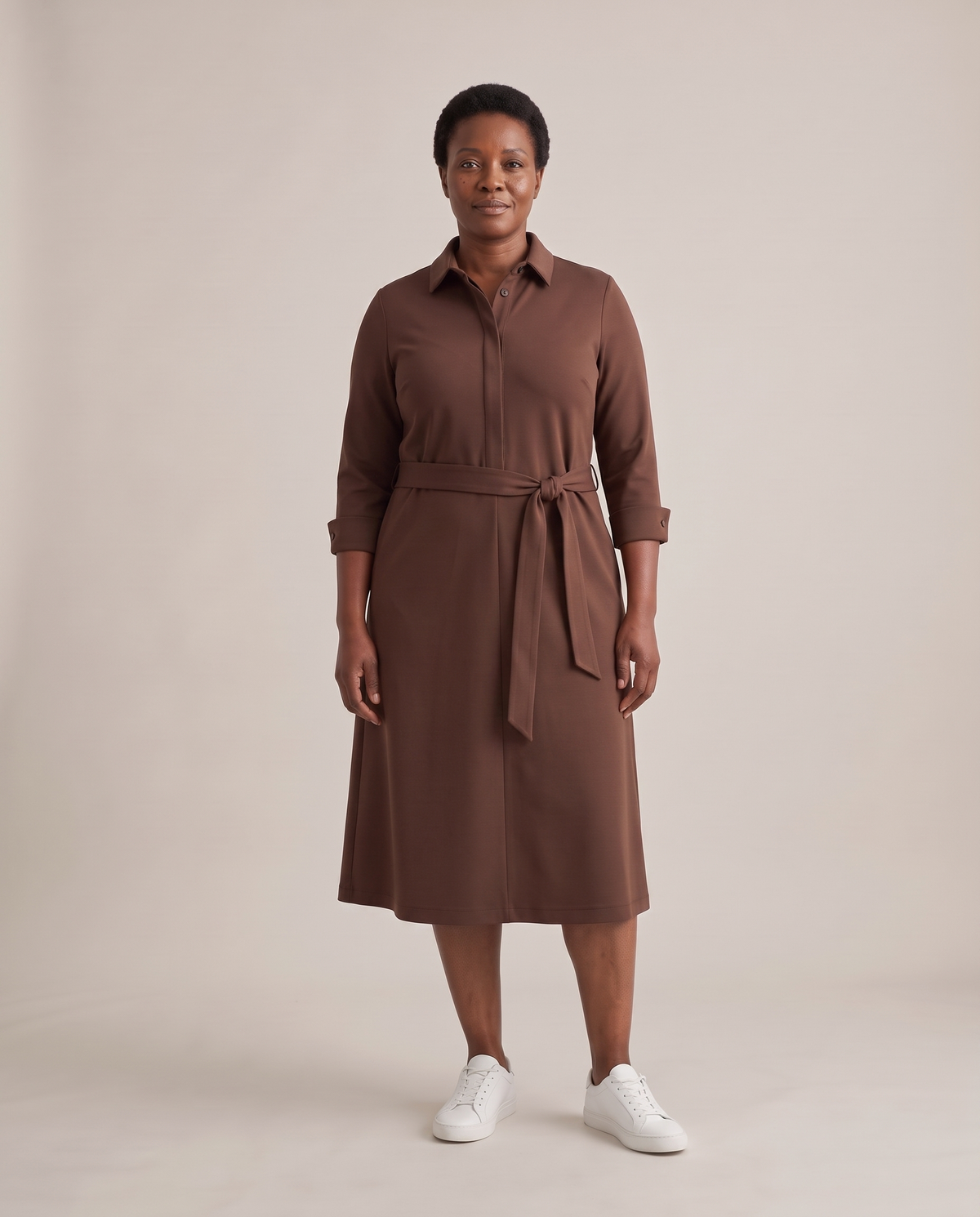 JOURNEY shirt dress in Brown worn with the self-fabric belt