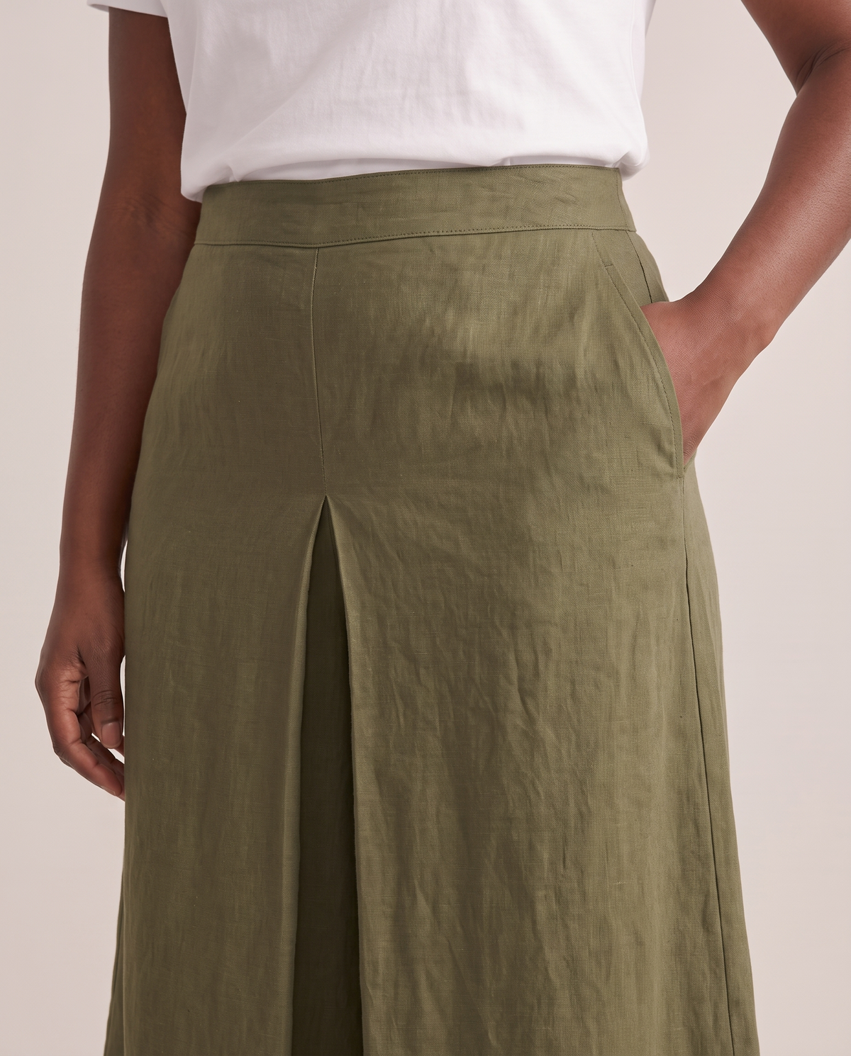 SWAY linen culottes in Olive Green, flat front waistband, pleat and pocket detail