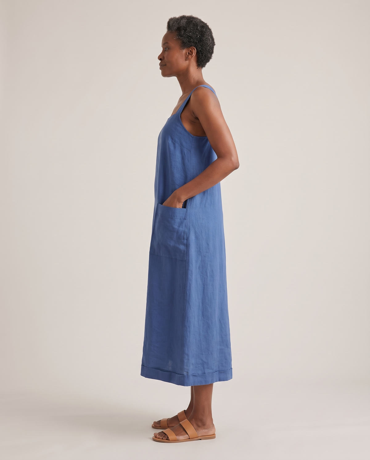 LAYER linen pinafore dress in Blue, side view