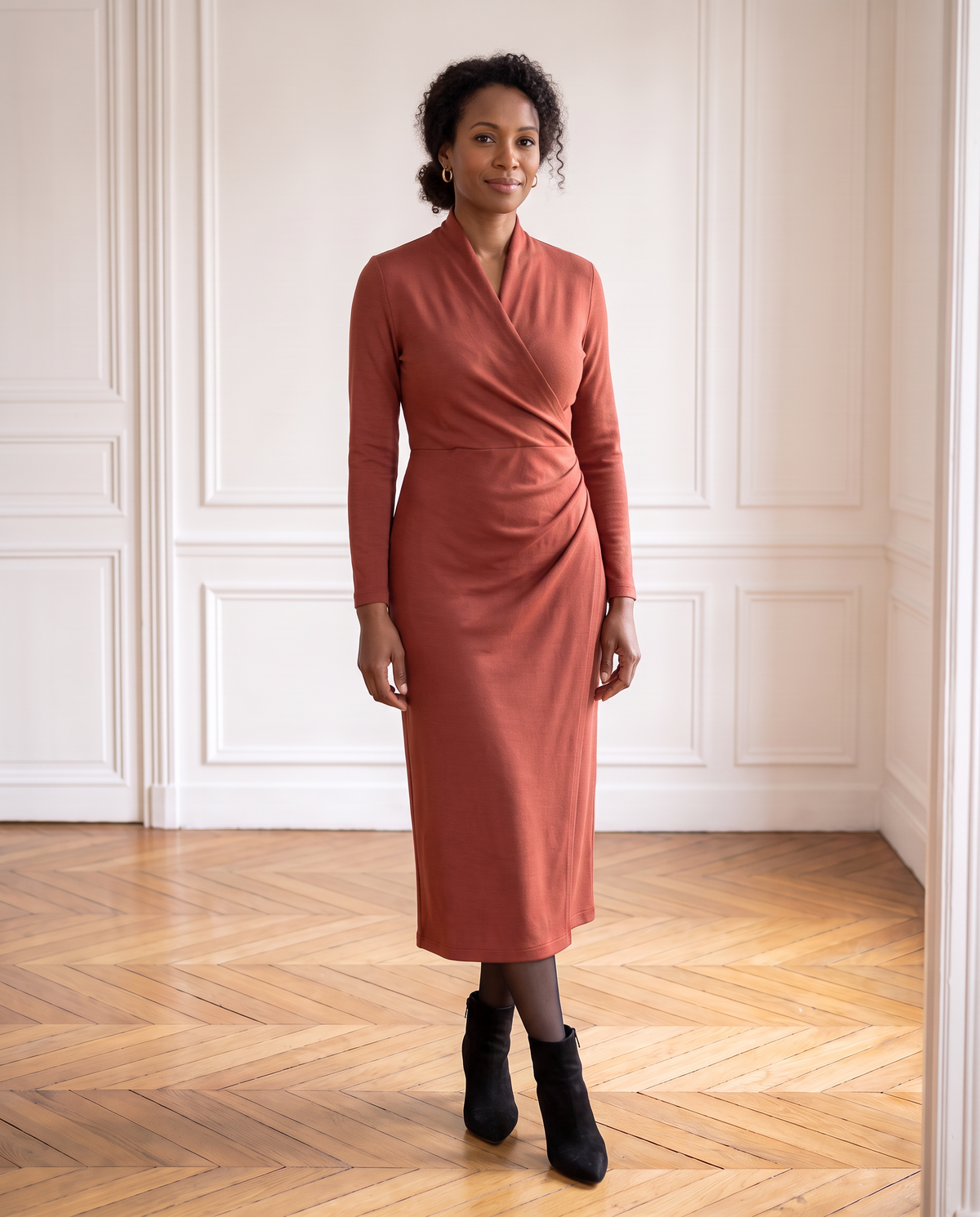 INGRID merino draped wrap midi dress in brick red, front view #Color_Brick Red