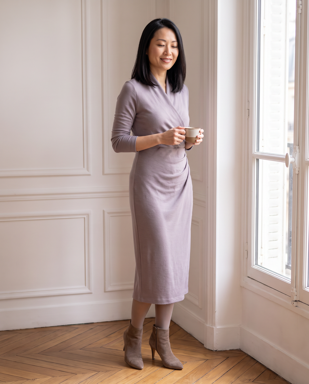 INGRID dusty lilac dress with a coffee cup #Color_Dusty Lilac