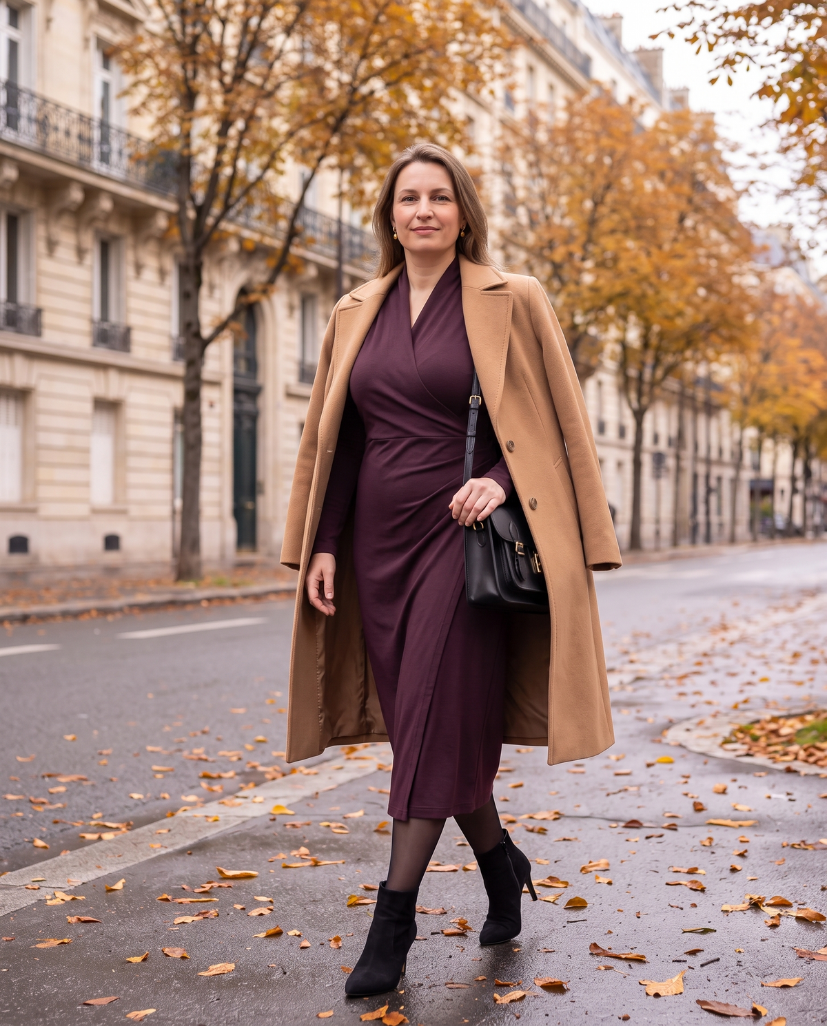 INGRID aubergine dress worn outdoors with a coat