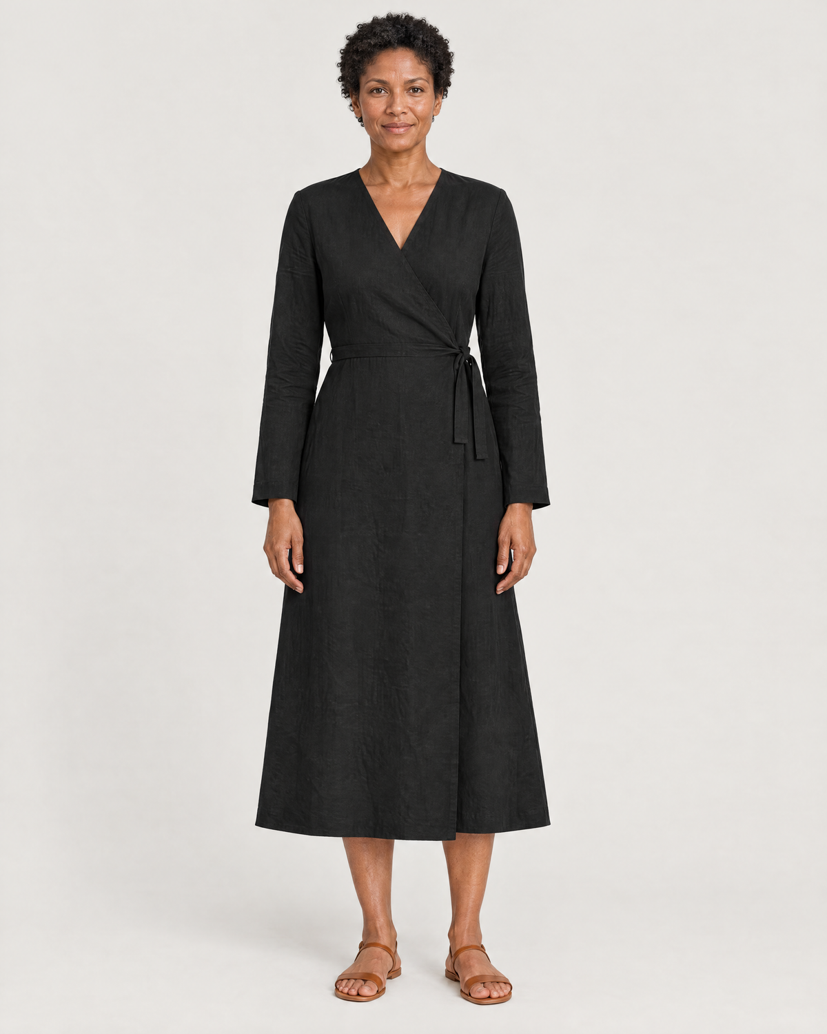 HOLD linen wrap dress in Black, front