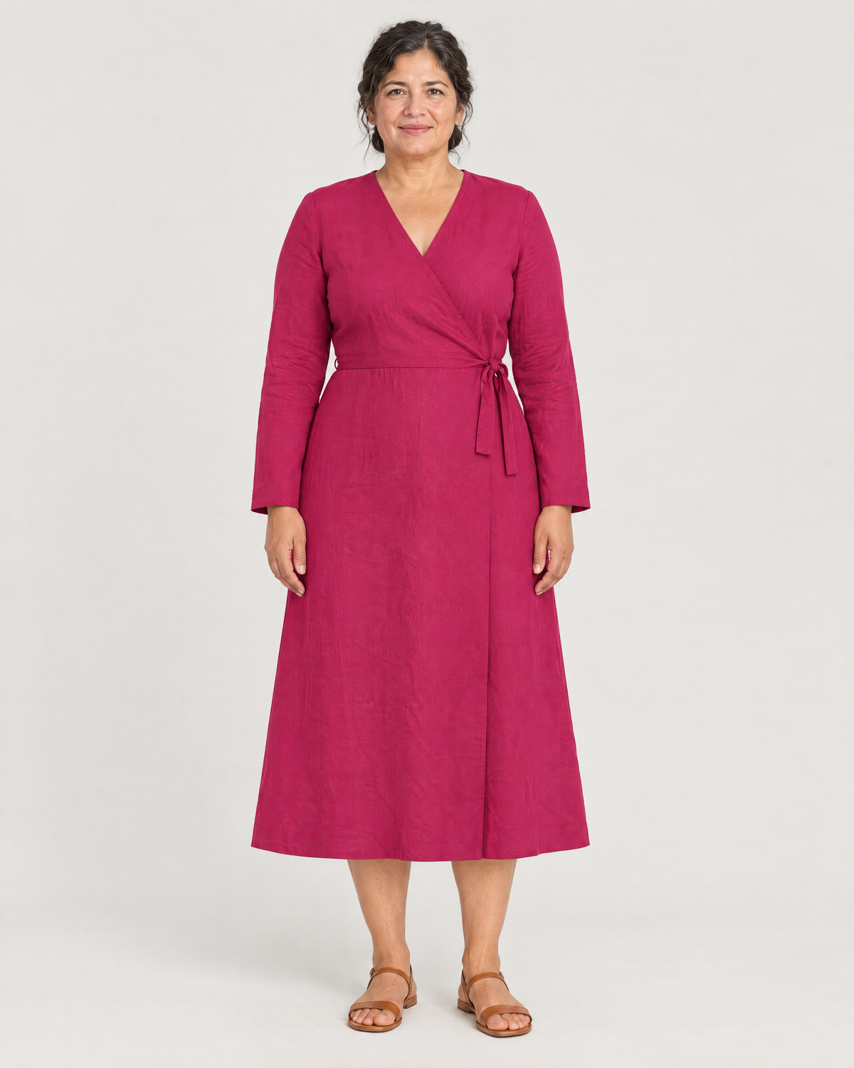 HOLD linen wrap dress in Cerise, front