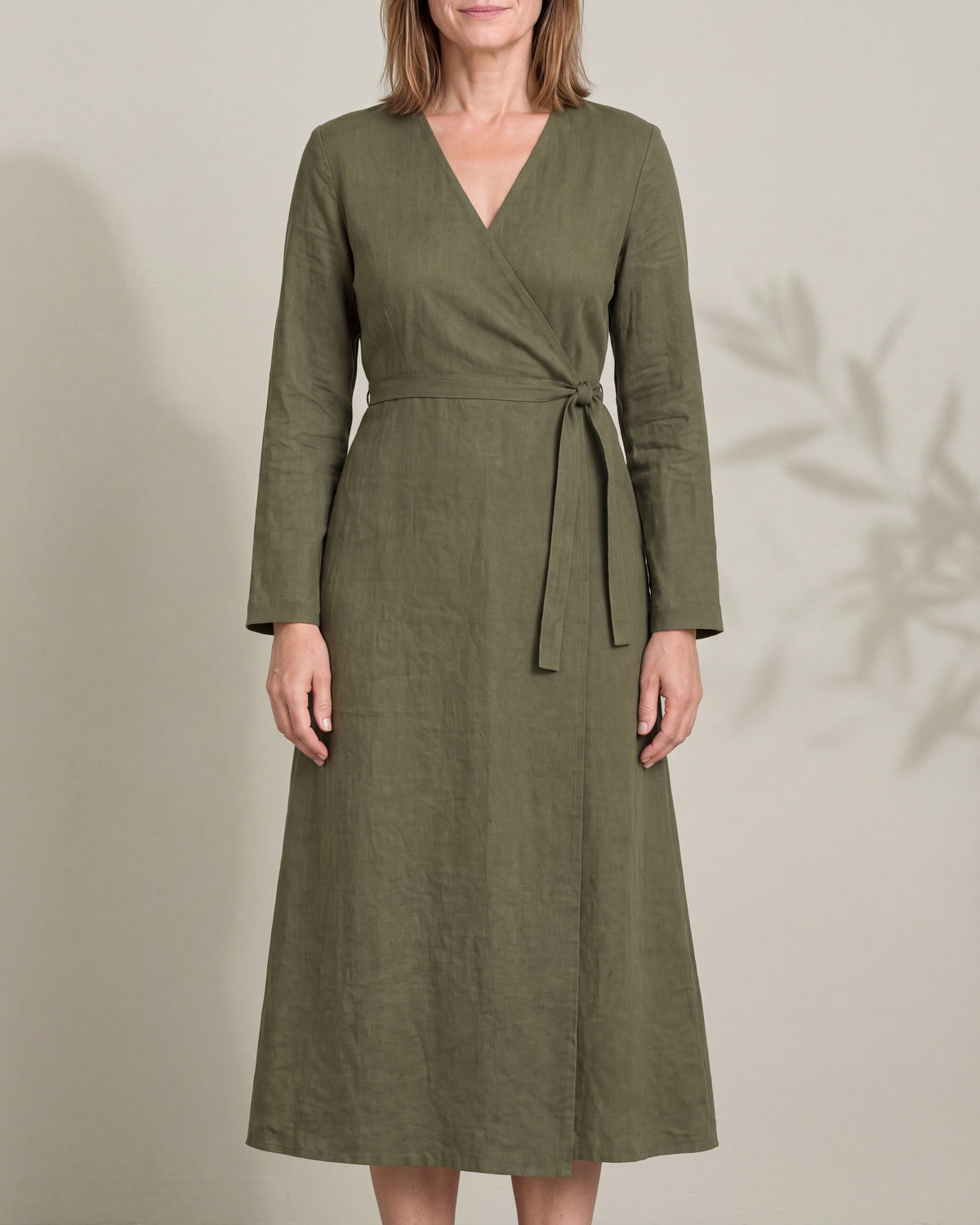 HOLD Olive Green linen wrap A-line dress, close front view