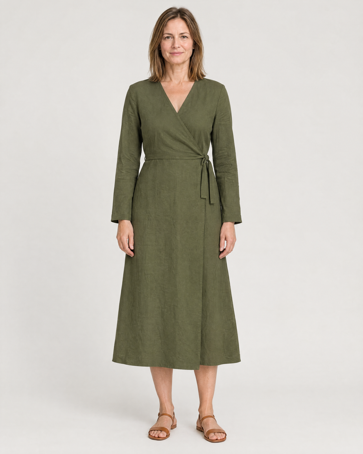 HOLD linen wrap dress in Olive Green, front