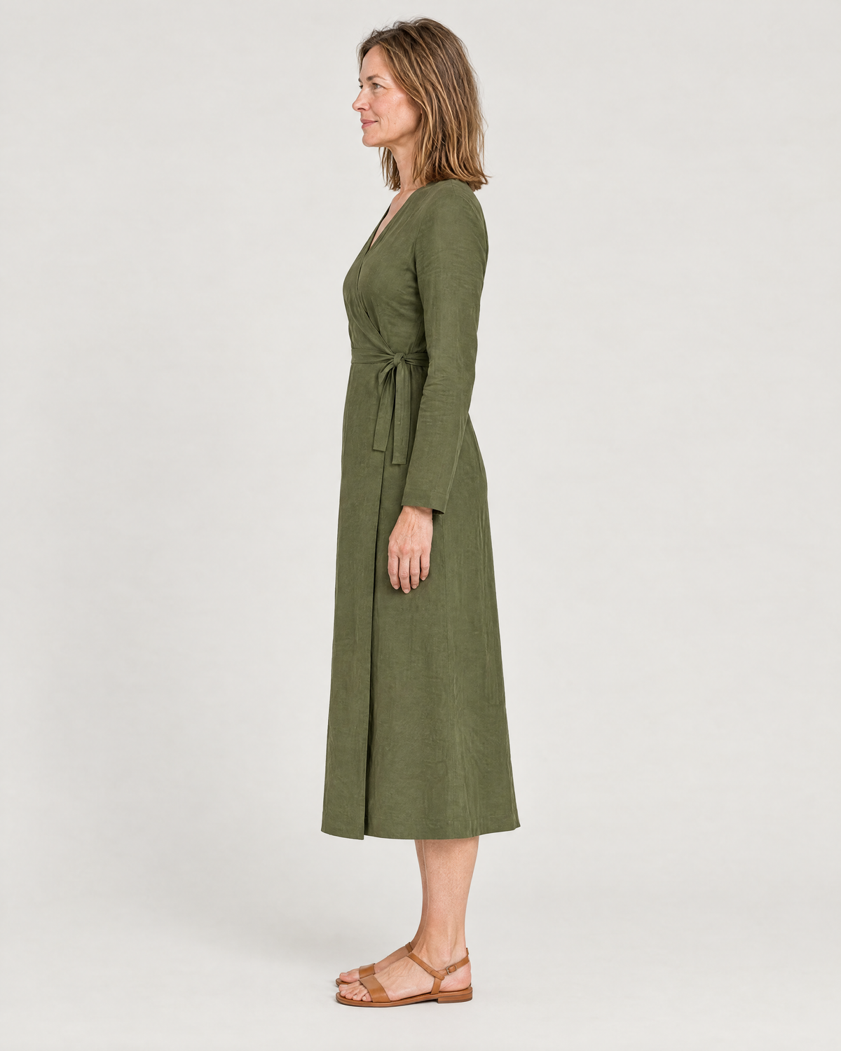 HOLD linen wrap dress in Olive Green, side view