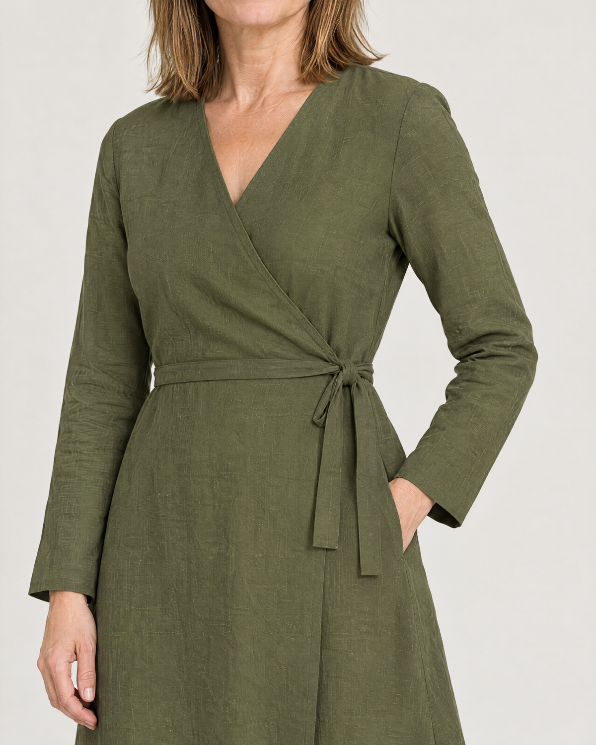 HOLD linen wrap dress in Olive Green, wrap and tie detail