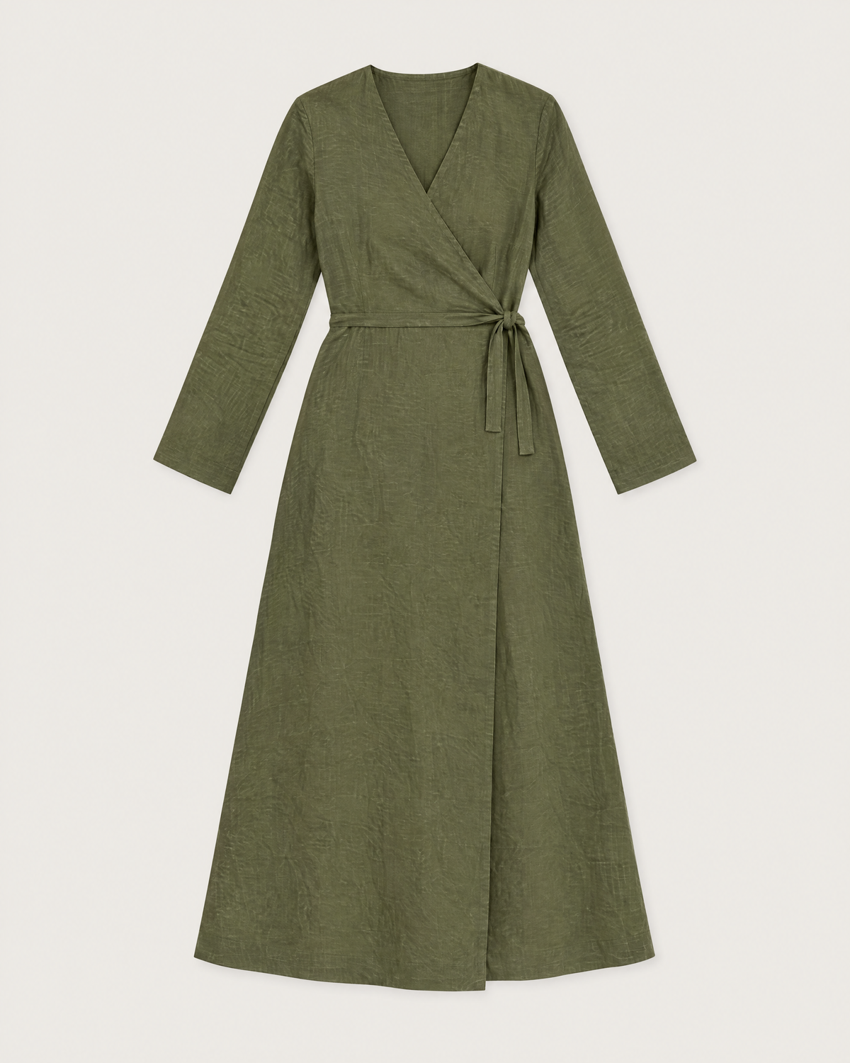 HOLD linen wrap dress in Olive Green, flat lay