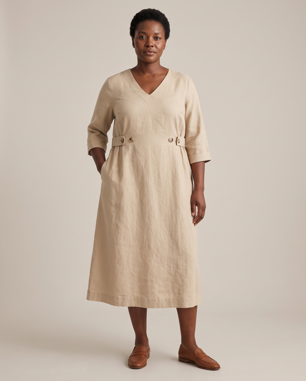 IDA linen A-line midi dress in beige, size XXL, front