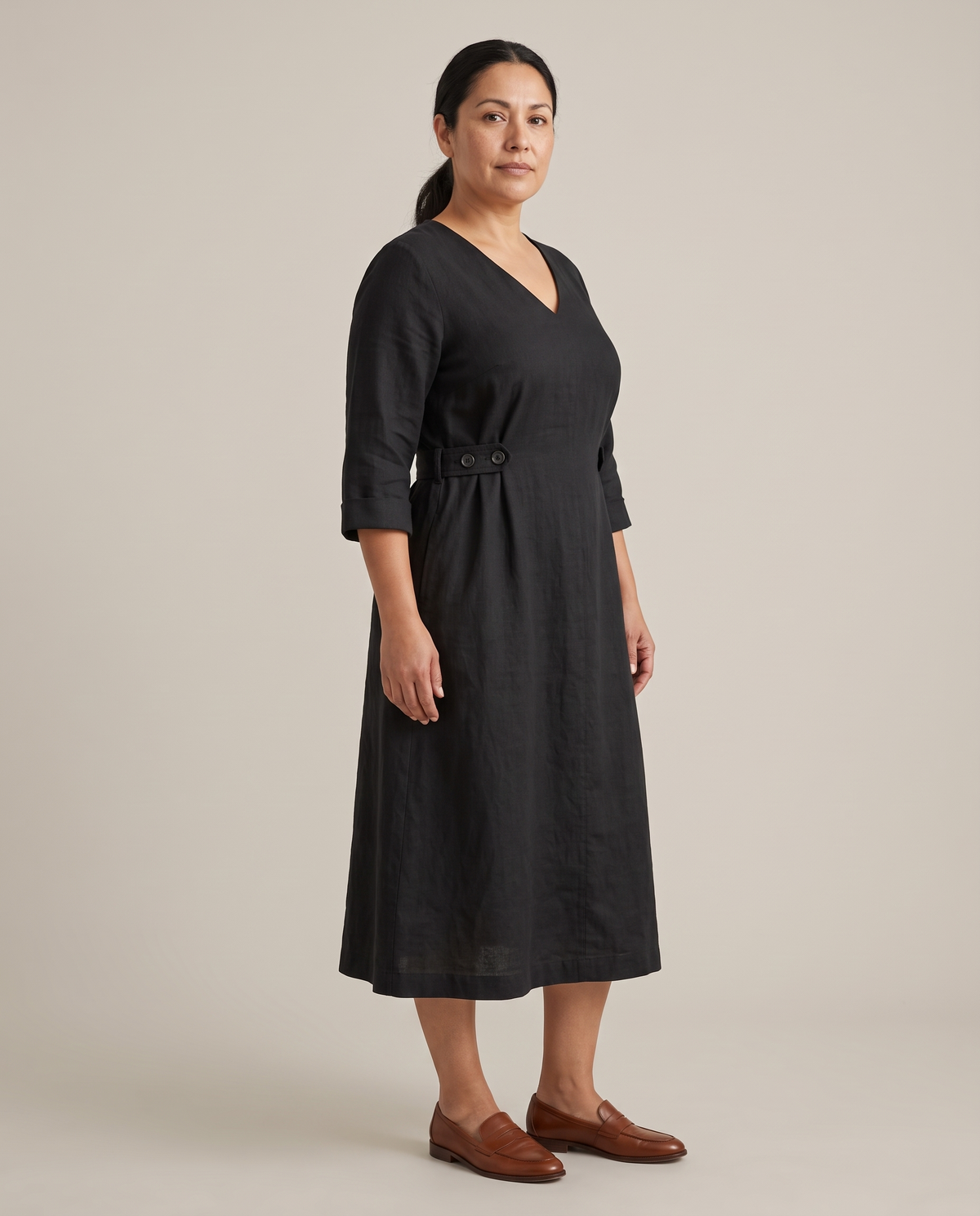 IDA linen A-line midi dress in black, three-quarter front