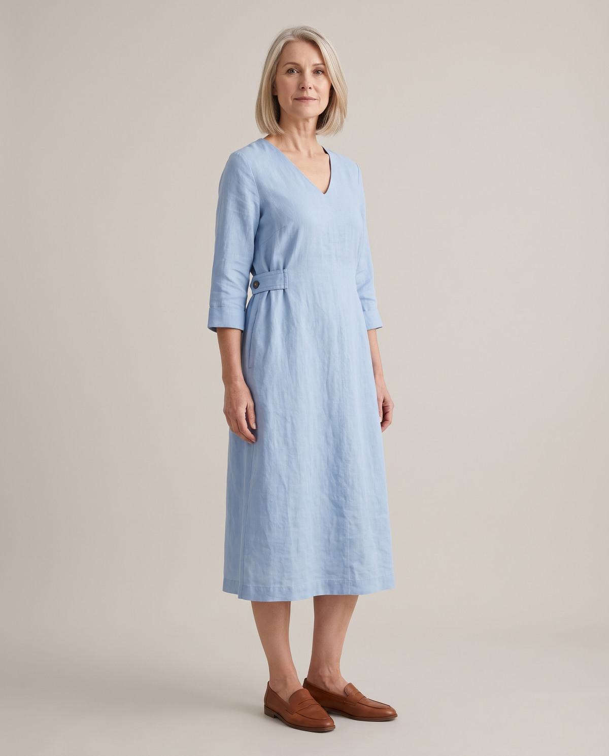 IDA linen A-line midi dress in light blue, three-quarter front