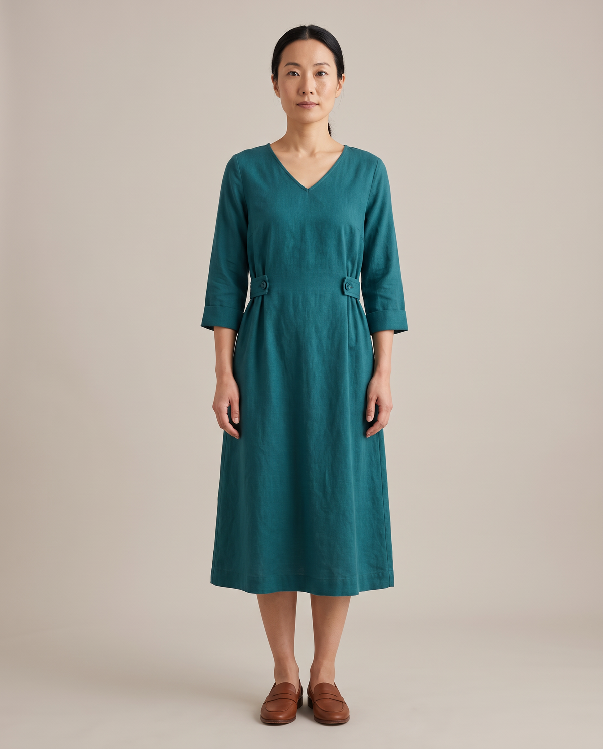 IDA linen A-line midi dress in teal, front