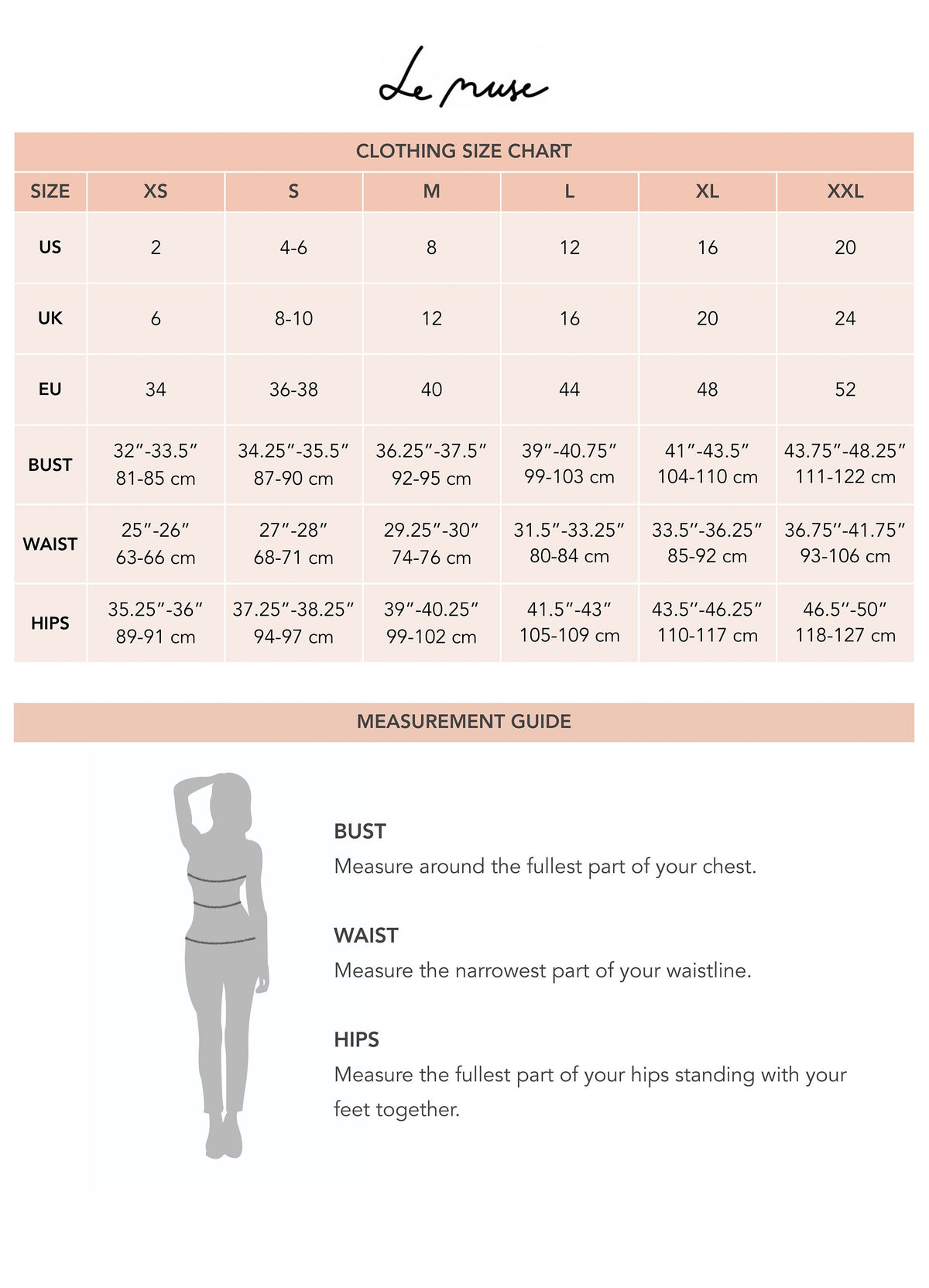Size chart for Italian Punto dress TUBE