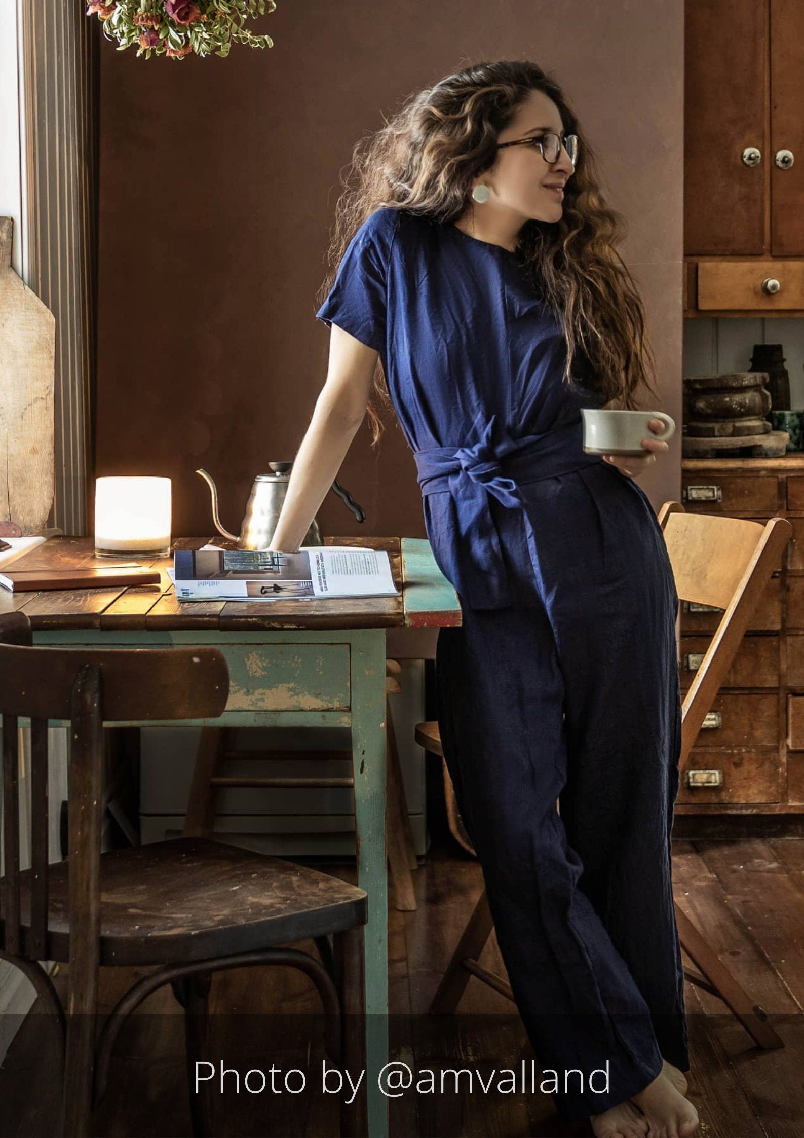 LeMuse linned jumpsuit med ærmer AMSTERDAM, Dyb blå, L