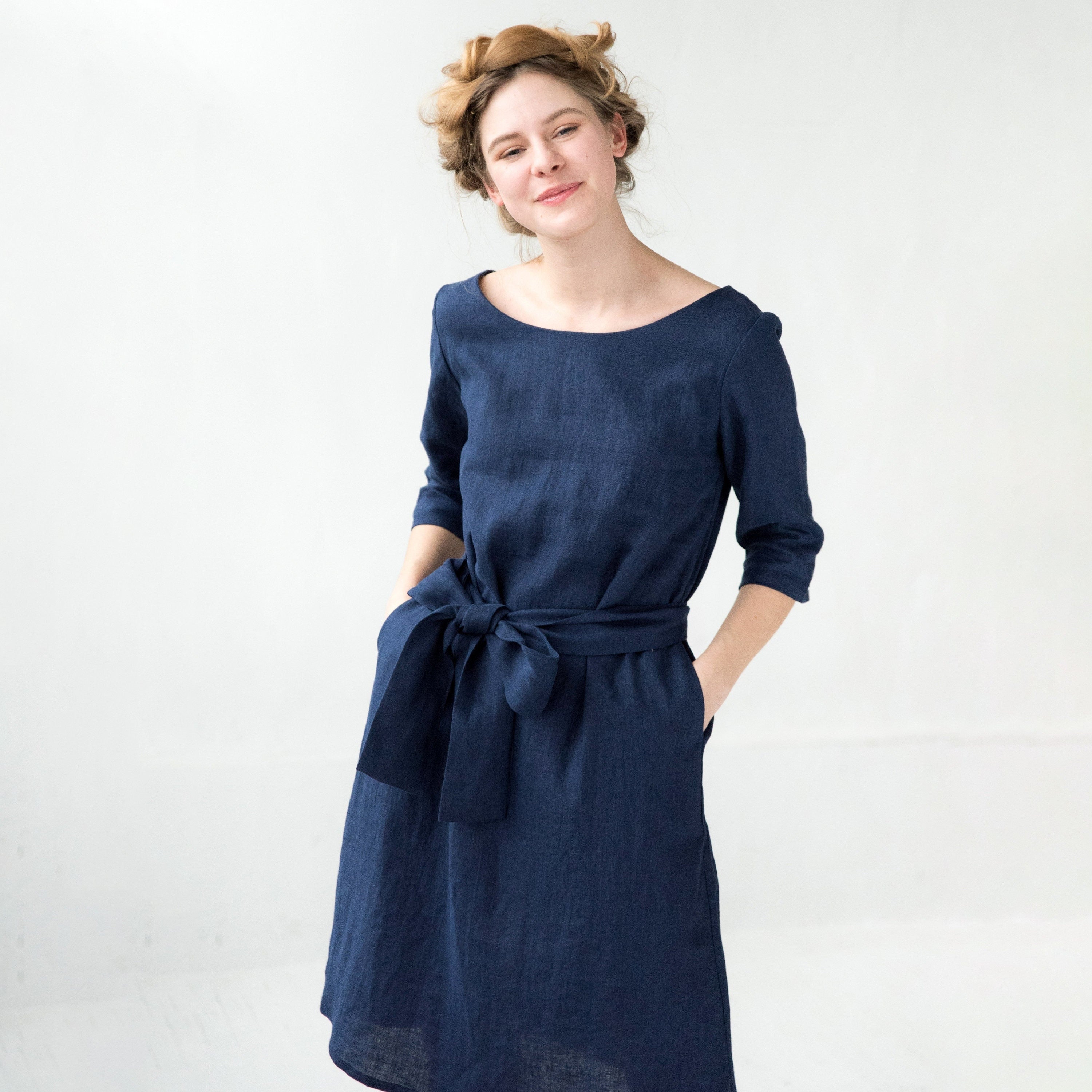 LeMuse linen dress OLIVE, Deep blue, L