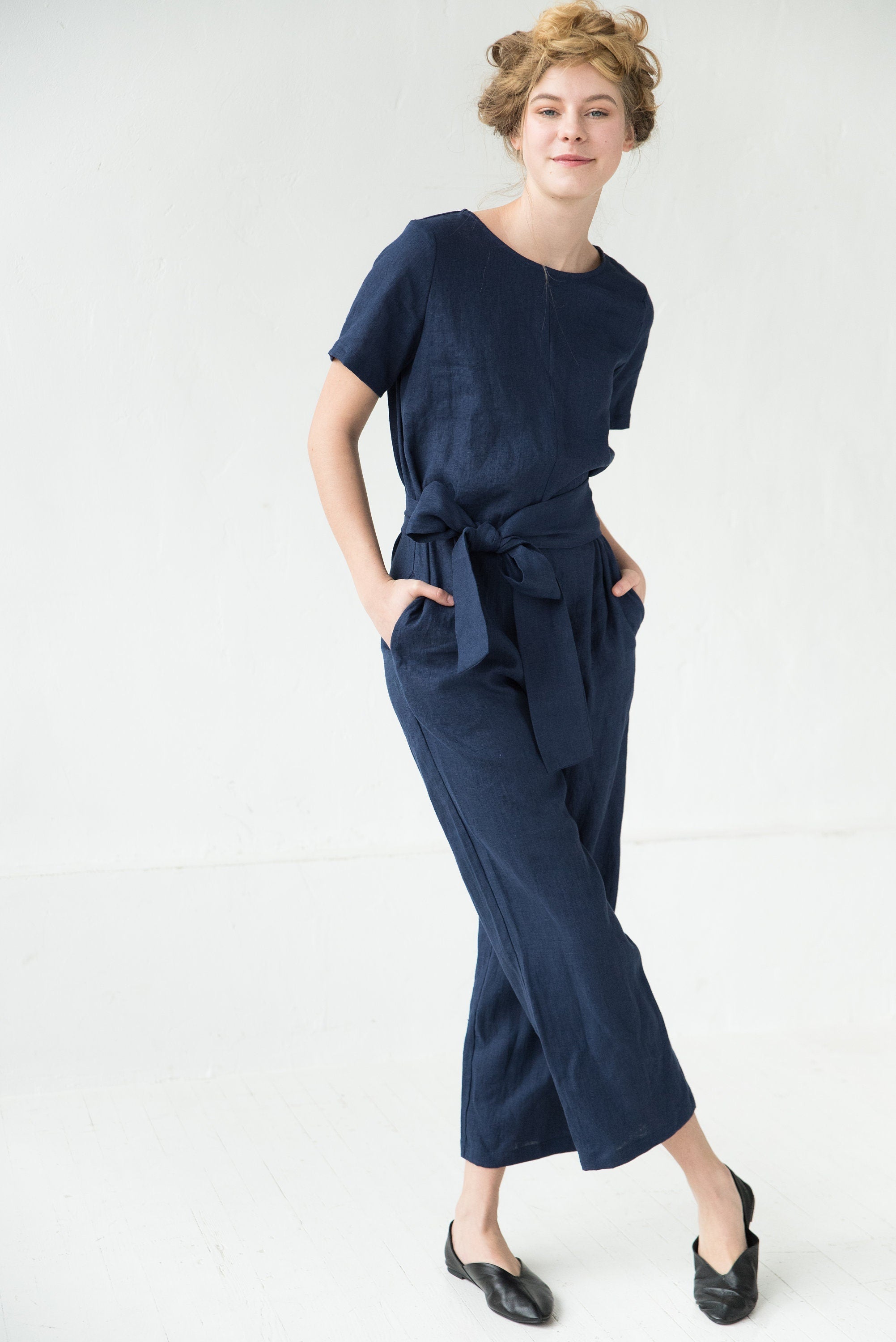 LeMuse linned jumpsuit med ærmer AMSTERDAM, Dyb blå, L