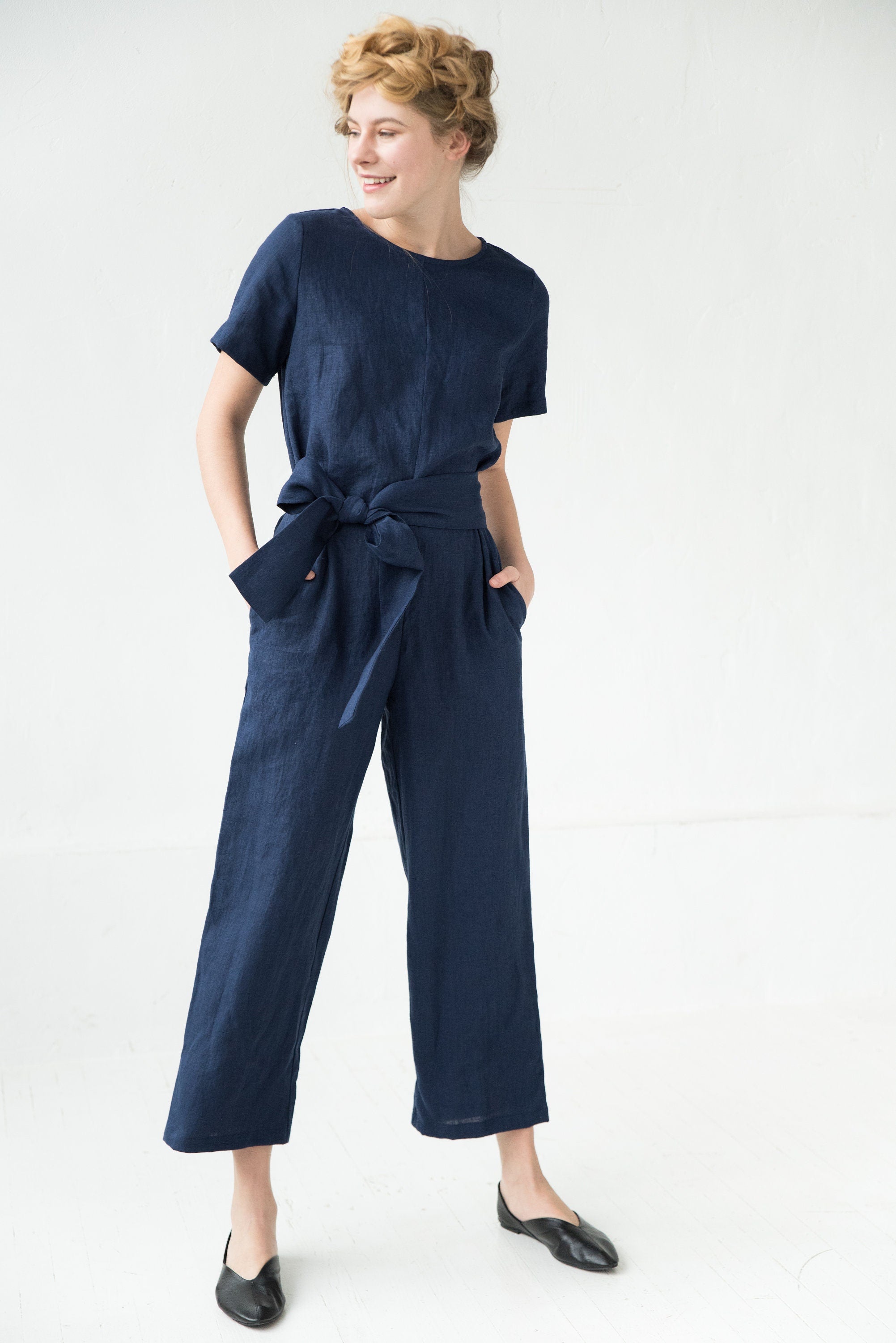 LeMuse linned jumpsuit med ærmer AMSTERDAM, Dyb blå, L