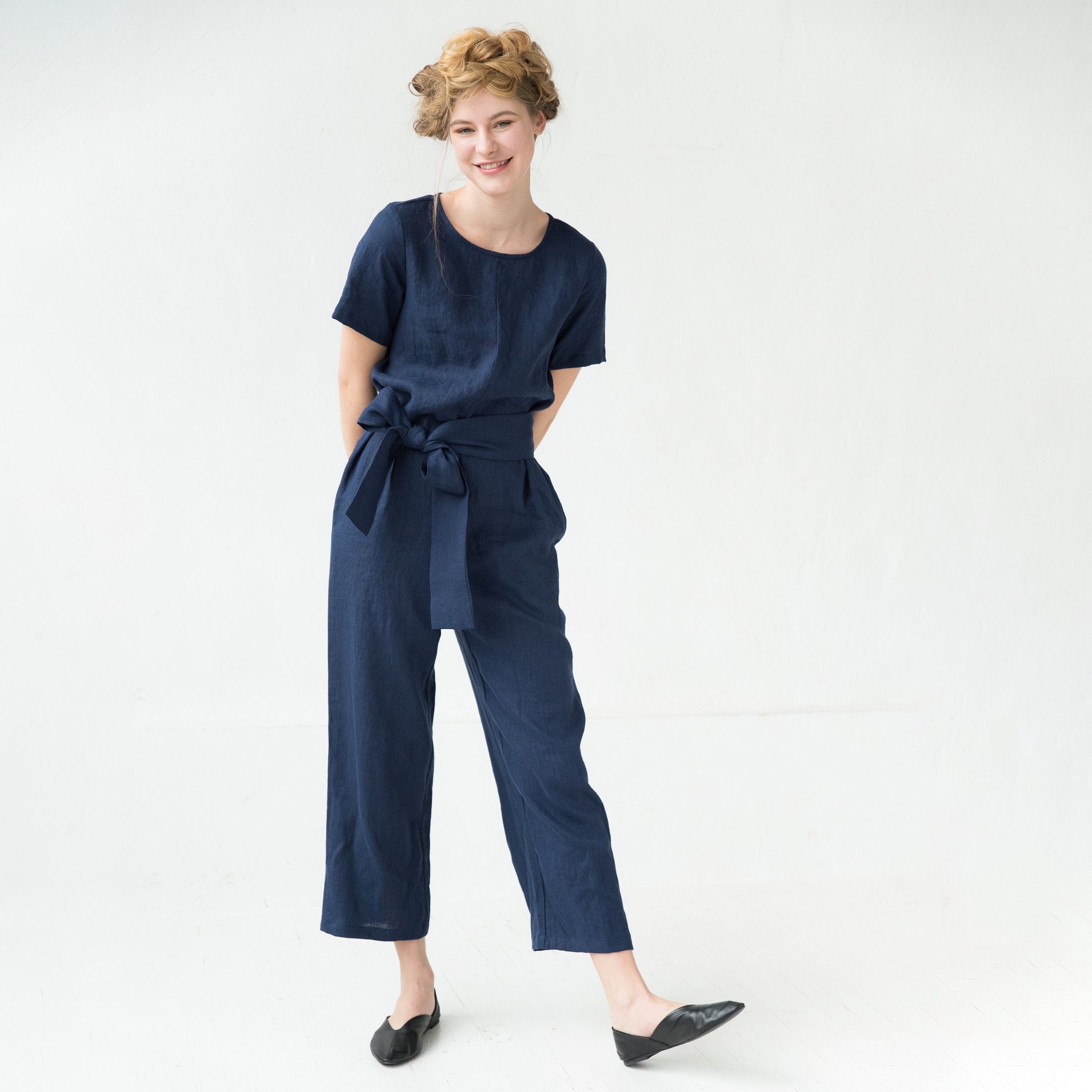 LeMuse Linen jumpsuit with sleeves AMSTERDAM, Teal, XS