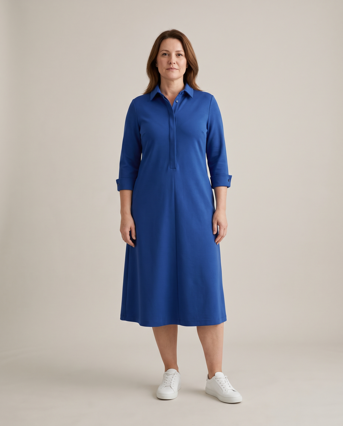 JOURNEY midi shirt dress in Cobalt, front view, gentle A-line without waist seam