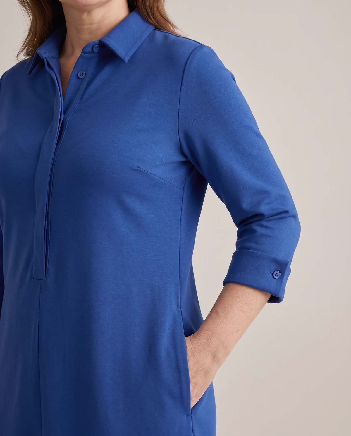 JOURNEY shirt dress in Cobalt, detail of collar, concealed placket and buttoned cuff