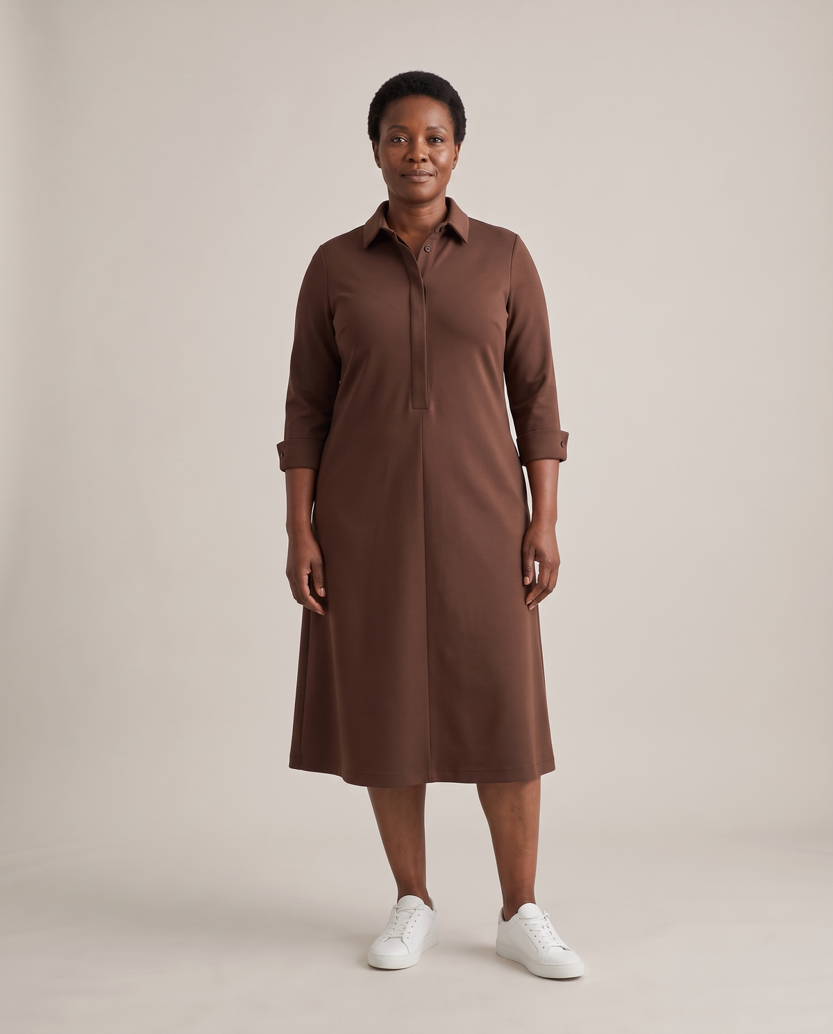 JOURNEY Punto Milano midi shirt dress in Brown, front view