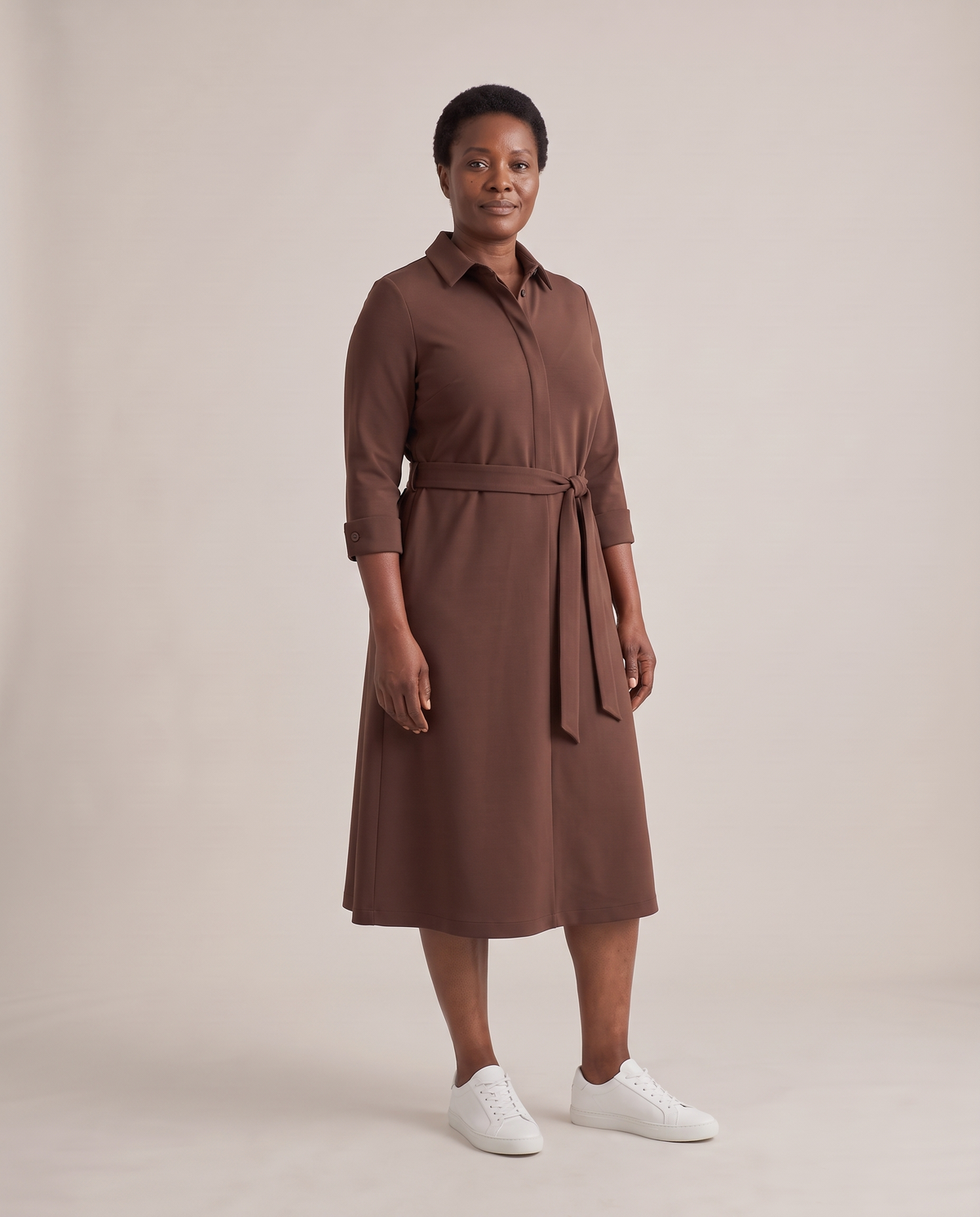 JOURNEY midi shirt dress in Brown worn with the matching belt