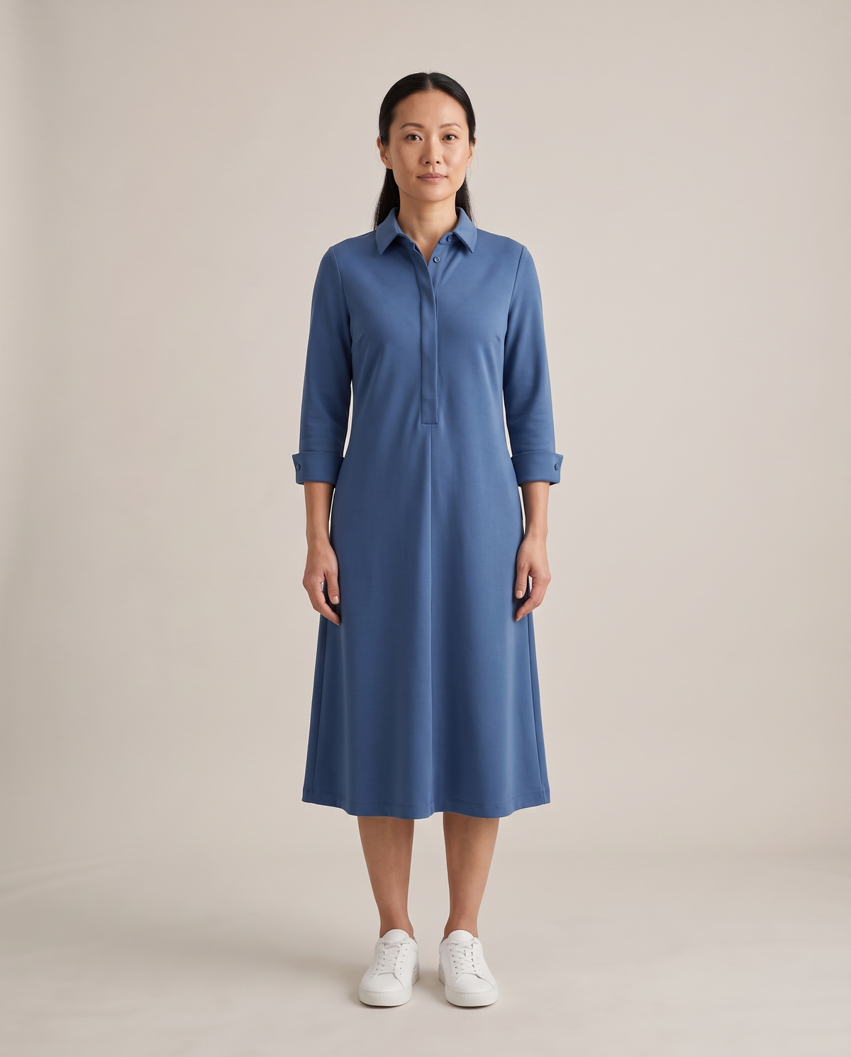 JOURNEY Punto Milano midi shirt dress in Blue, front view