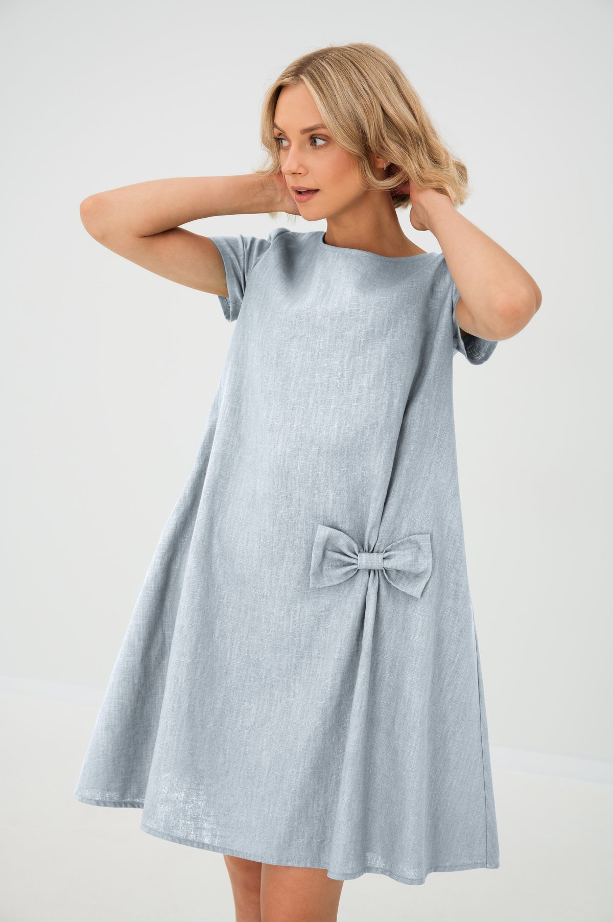 LeMuse KISS linen dress in light blue – studio front view #Color_Light blue