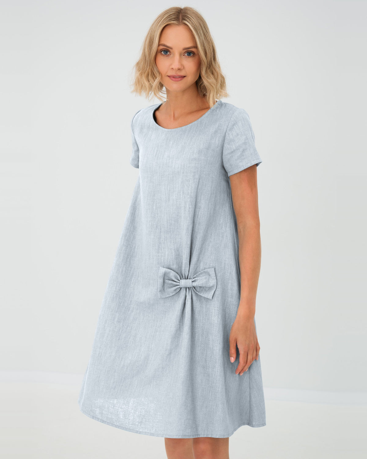 LeMuse SUMMER KISS linen dress in light blue – studio front view #Color_Light blue