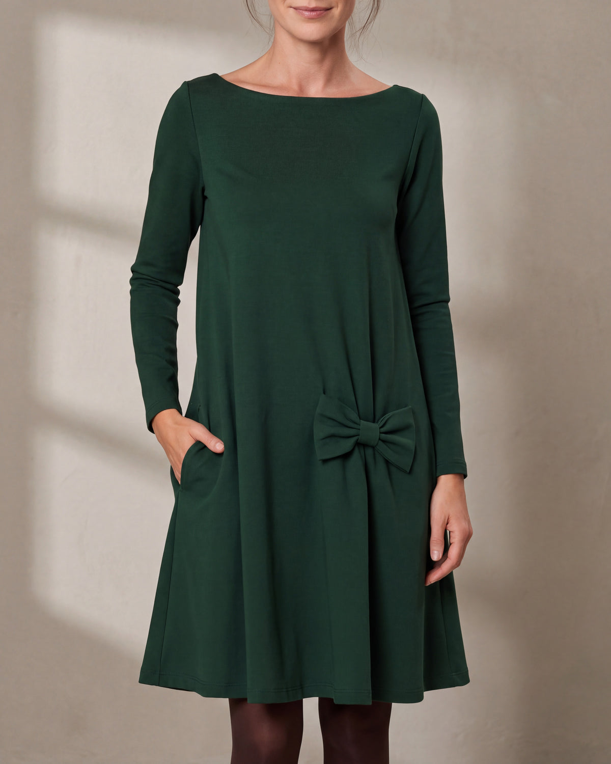 KISS Green Punto Milano pocket bow swing dress, close front view