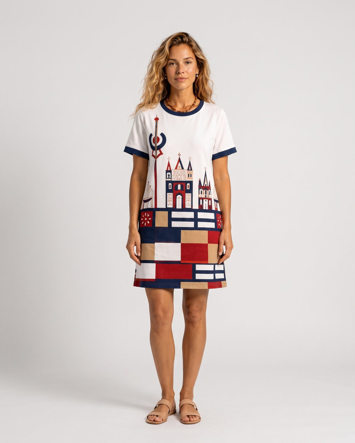 LAGOON – Nida Print Contrast Trim Dress – White dress, front, full length