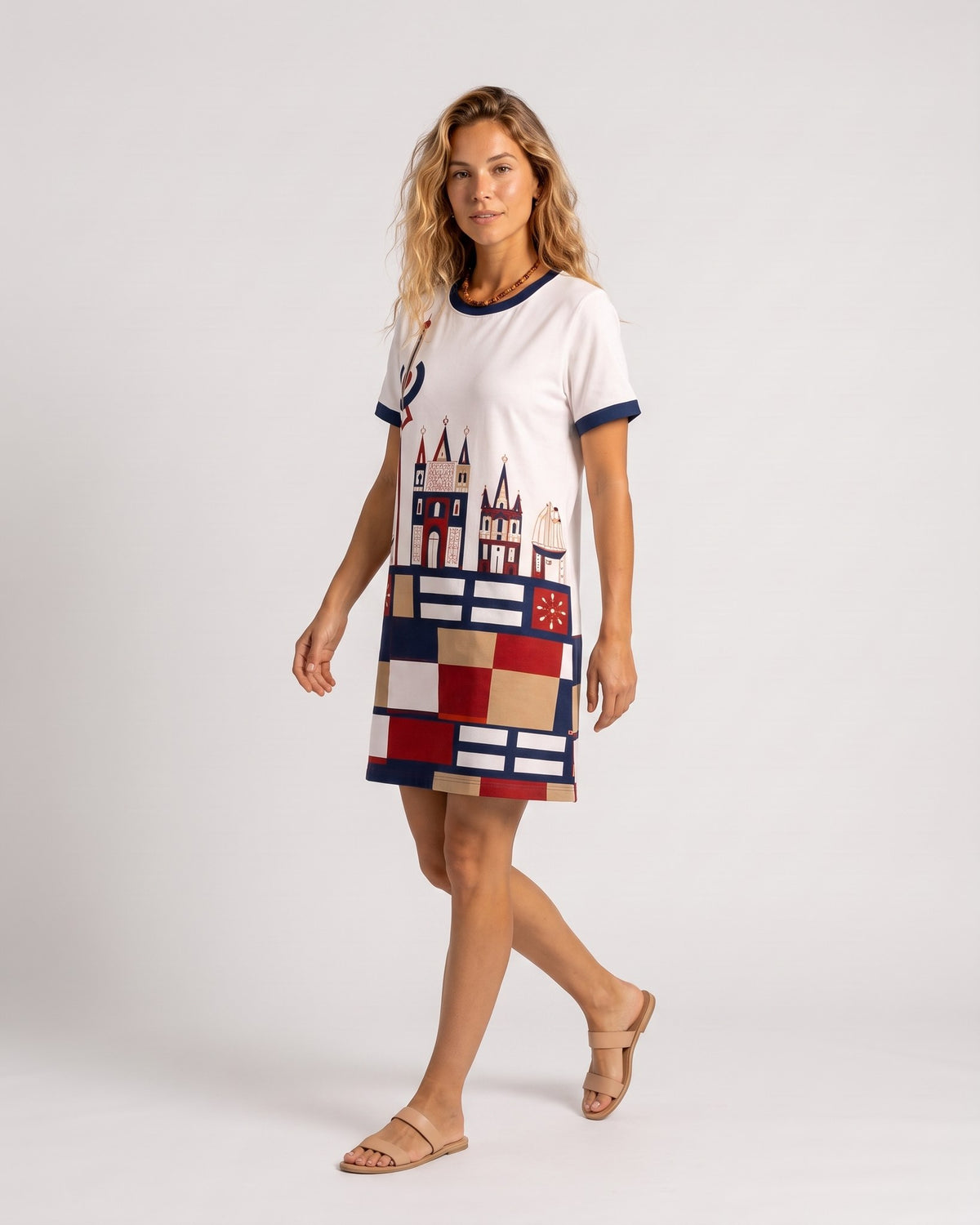 LAGOON – Nida Print Contrast Trim Dress – White suknelė, šonas / judėjimas #Color_White