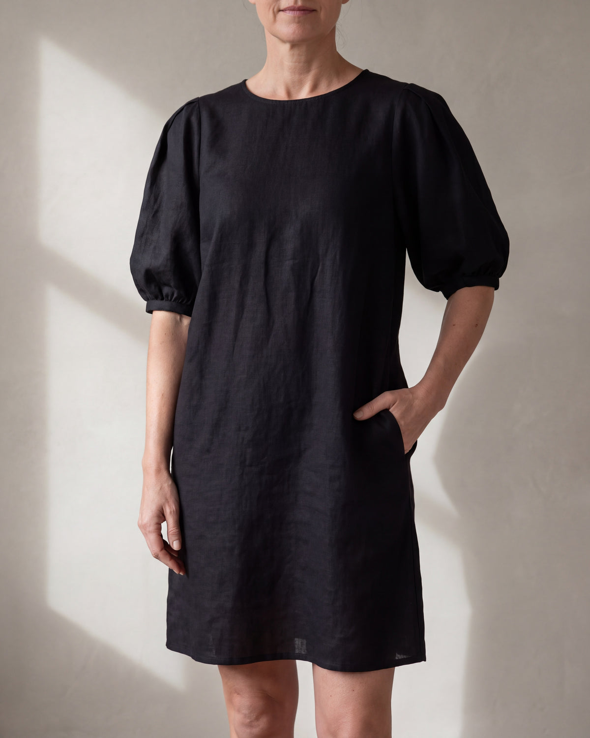 CHARM Black linen blend puff sleeve dress, close front view