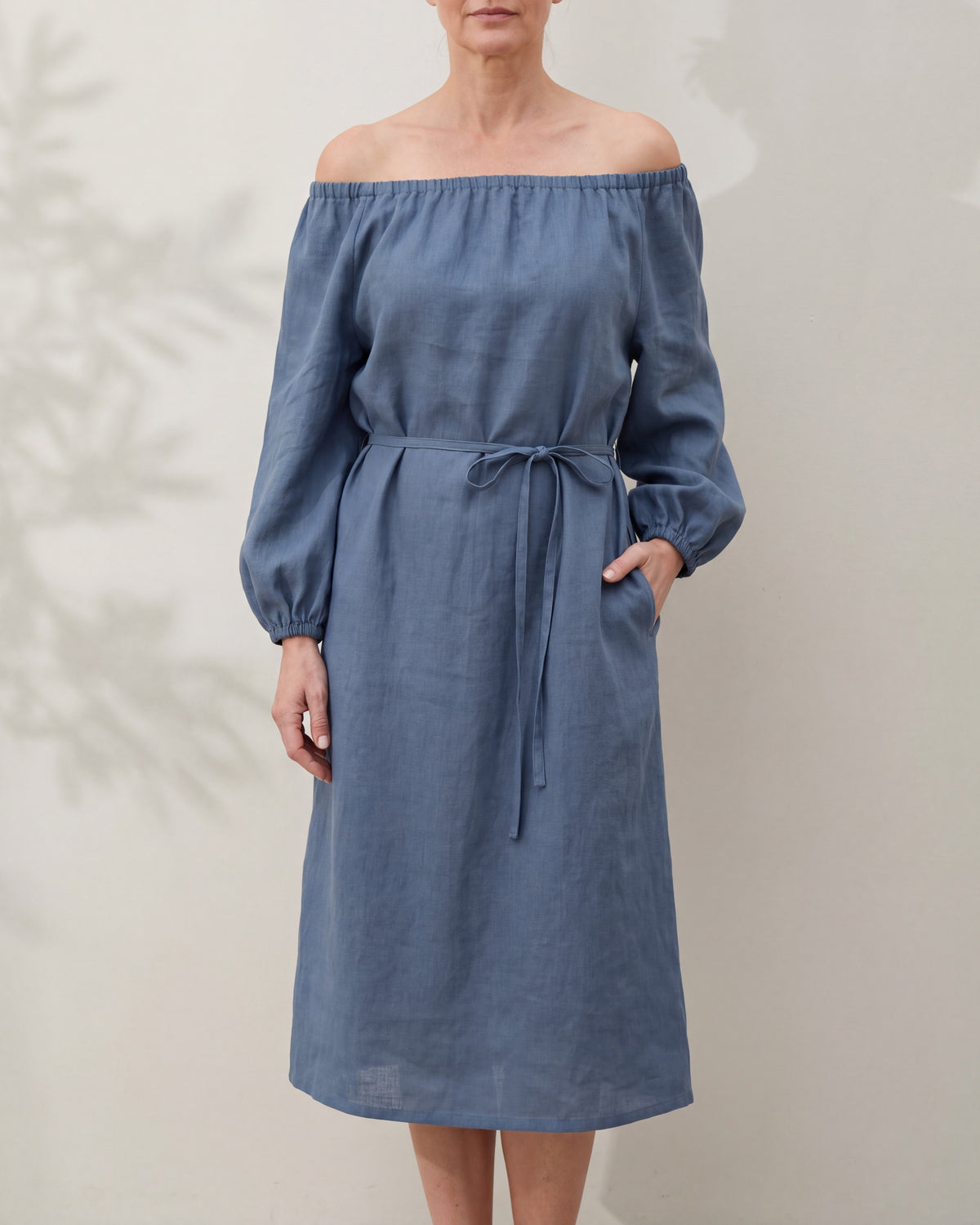 MOON Blue linen blend off-shoulder belted midi dress, close front view