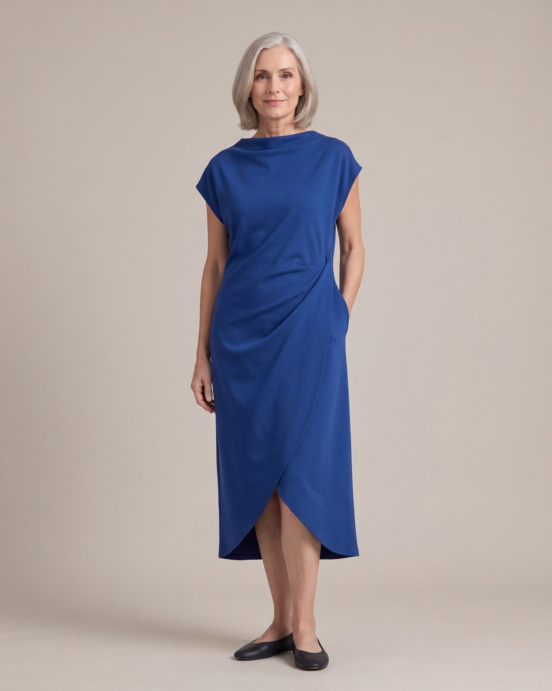 LIVIA Punto Milano drape midi dress with cap sleeves in cobalt, front view #Color_Royal blue