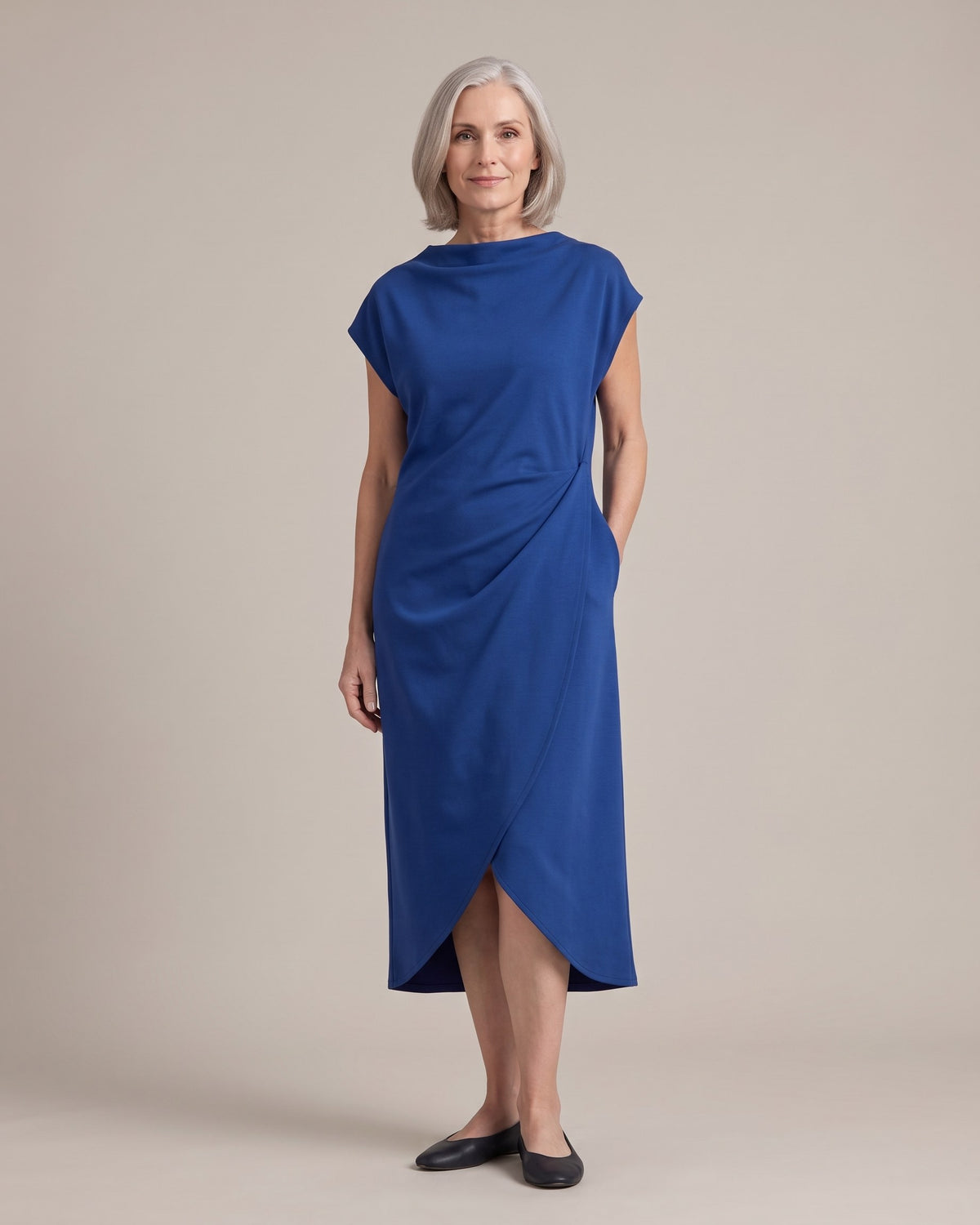 LIVIA Punto Milano drape midi dress with cap sleeves in cobalt, front view