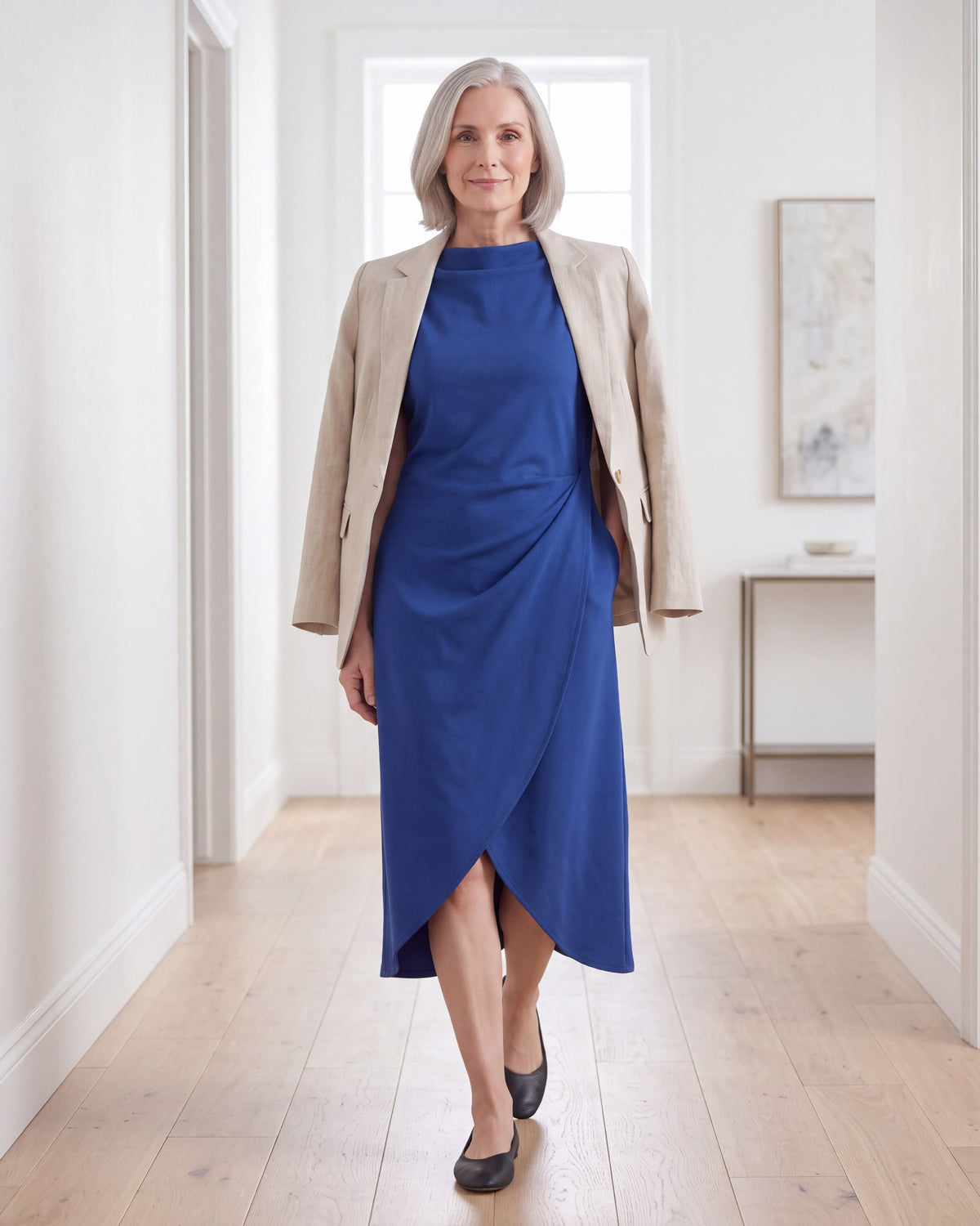 LIVIA cobalt dress styled with a beige blazer
