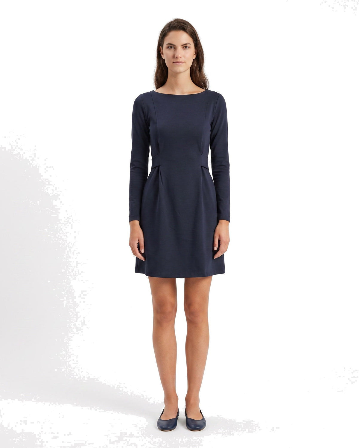 LOLITA – Italian Punto Milano Long Sleeve A-Line Dress, deep blue, front view, studio #Color_Deep blue