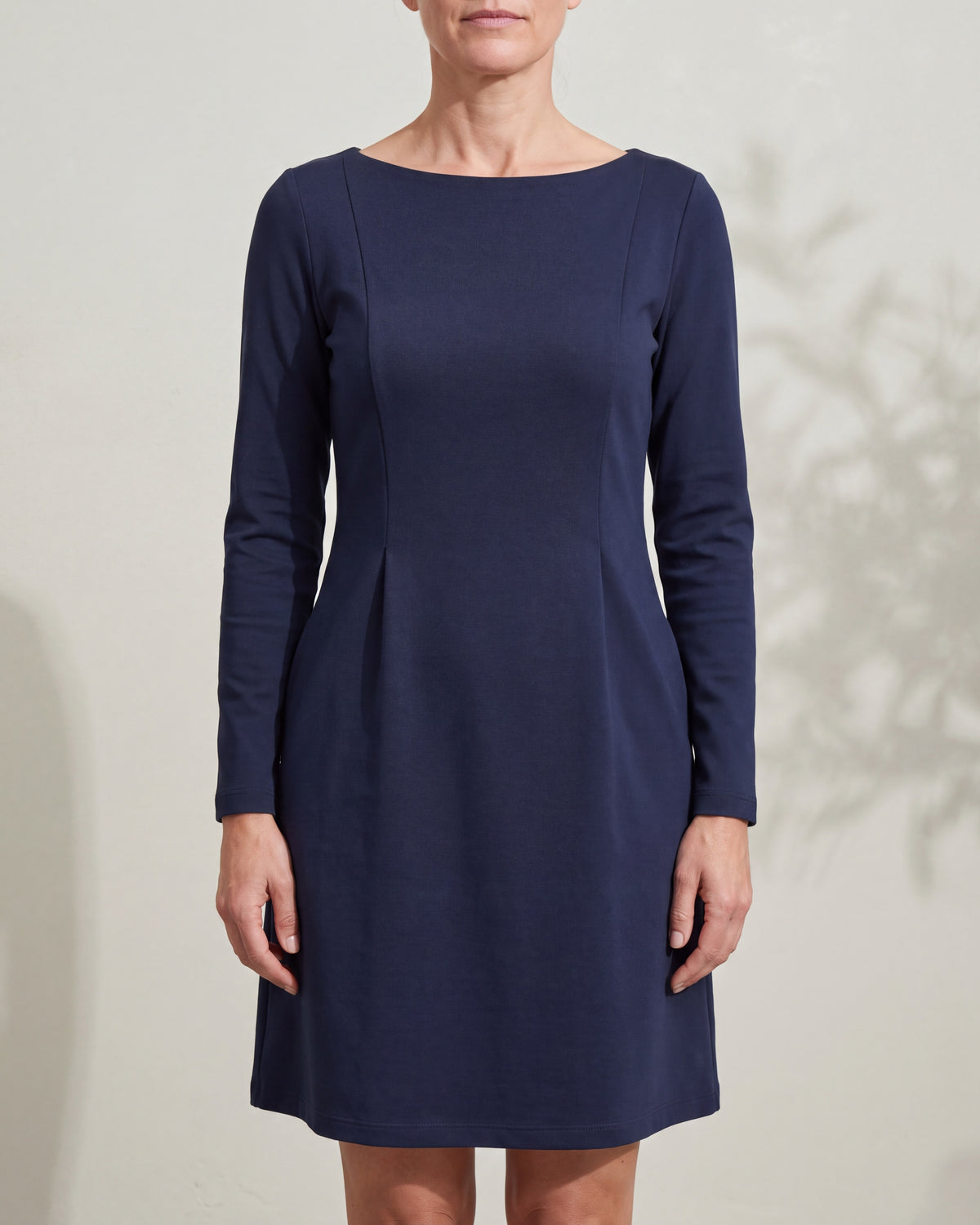 LOLITA Deep blue Punto Milano long sleeve A-line dress, close front view
