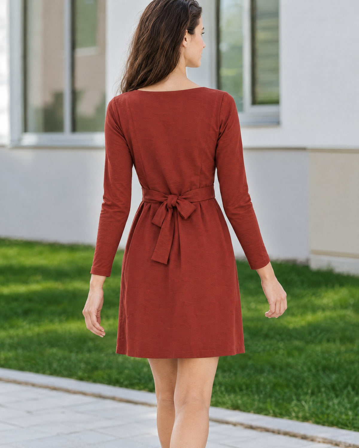 LOLITA – Italian Punto Milano Long Sleeve A-Line Dress, red, back view #Color_Red