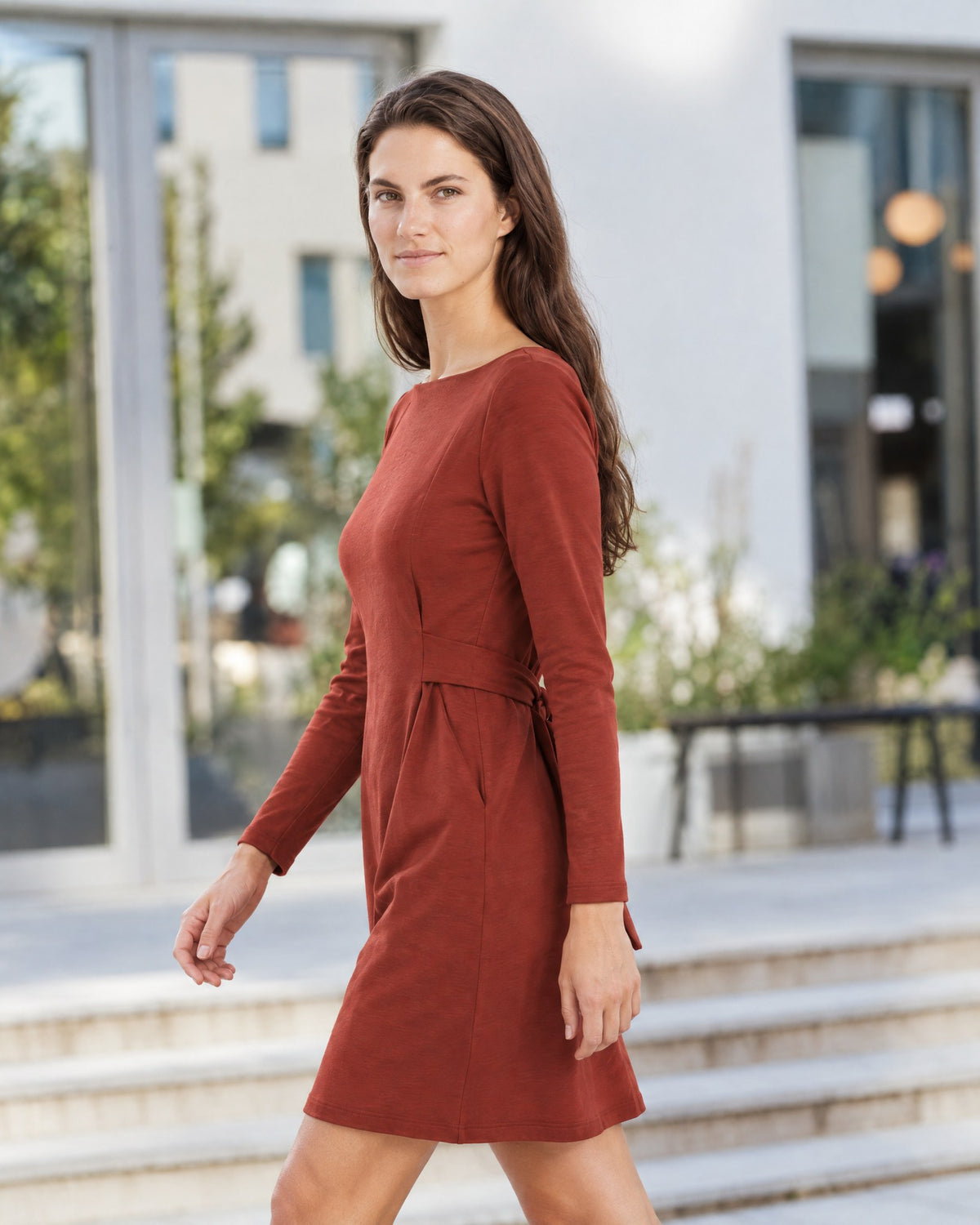 LOLITA – Italian Punto Milano Long Sleeve A-Line Dress, red, side view in motion #Color_Red