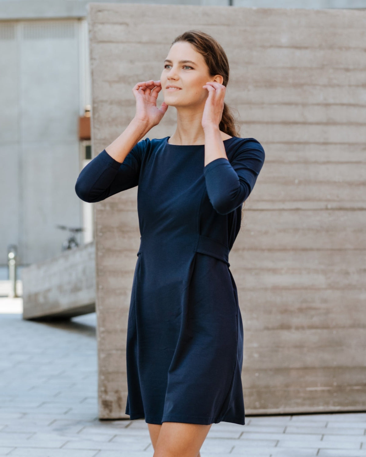 LOLITA – Italian Punto Milano Long Sleeve A-Line Dress, deep blue, lifestyle outdoor #Color_Deep blue