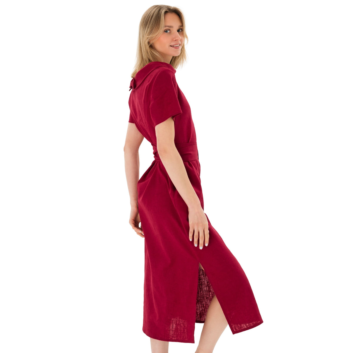 LONG STORY — Short-Sleeve Belted Linen Midi Dress