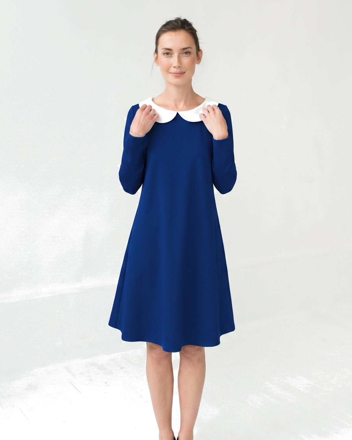 LOVER – Italian Punto Milano dress in sapphire blue, front, full length