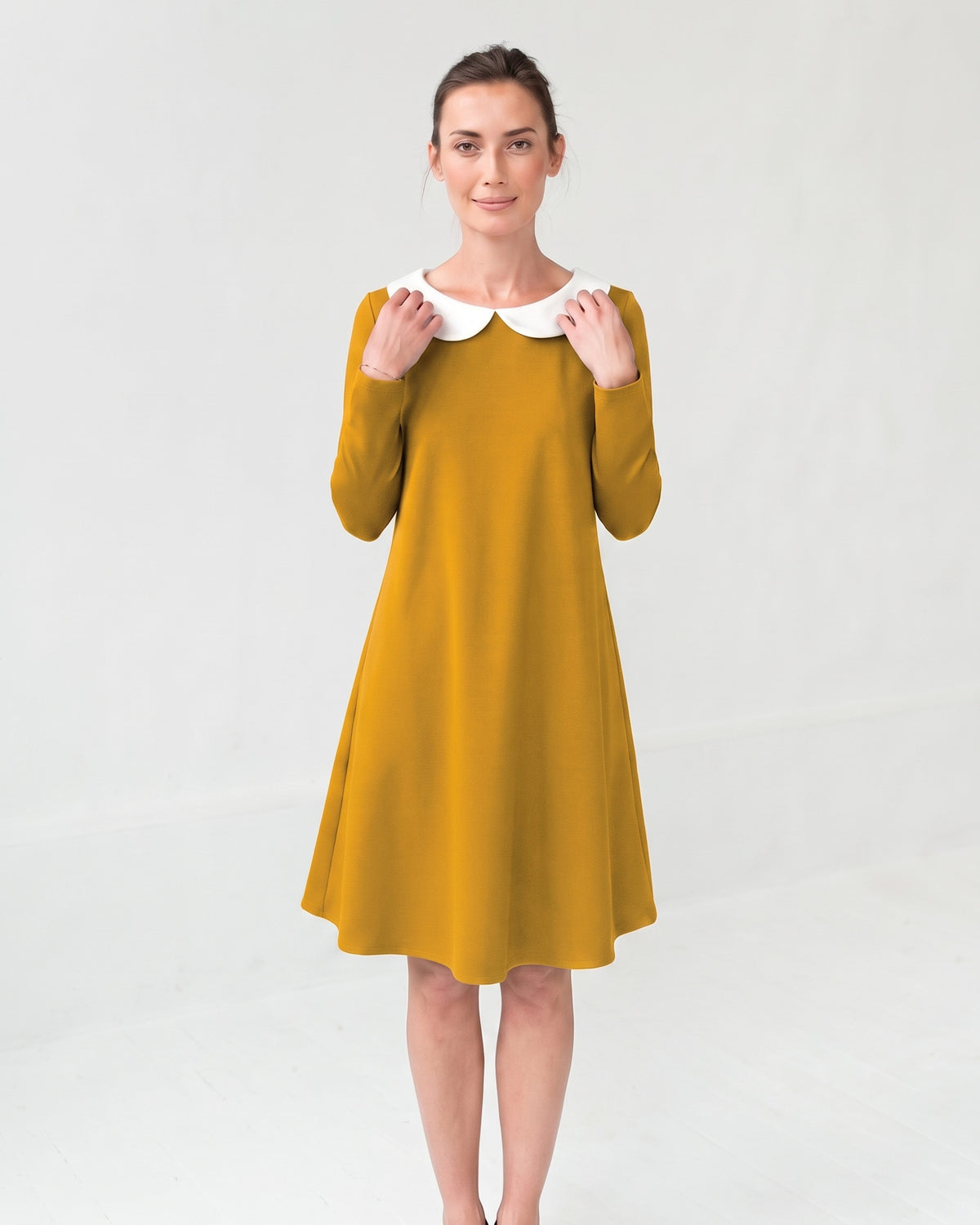 LOVER – Itališko punto Milano suknelė geltonos spalvos, priekis, viso ūgio #Color_Yellow