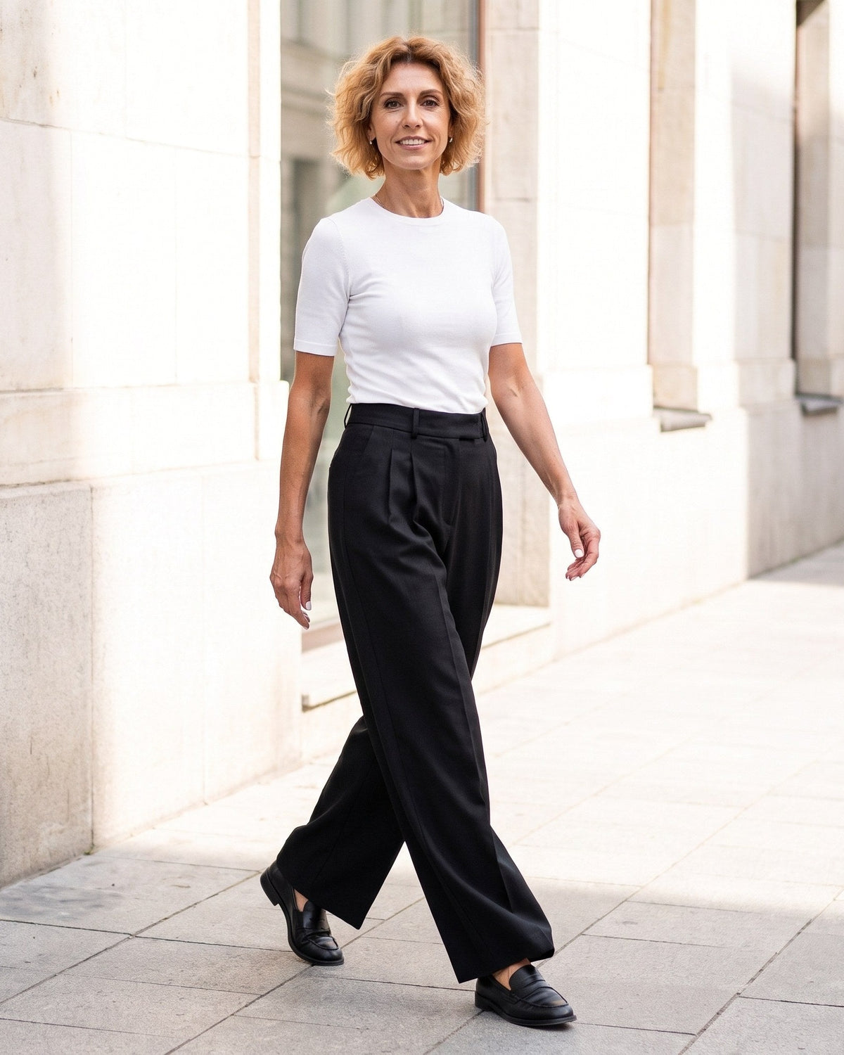 A woman walking outdoors on a stone sidewalk wearing a white short-sleeve crewneck top and black wide-leg trousers. #Color_Black