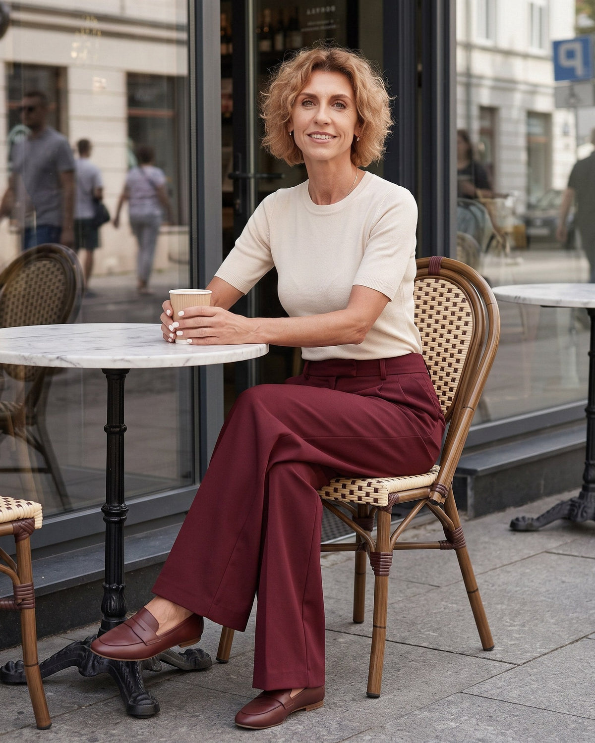 A woman sits at a round outdoor cafe table wearing a cream short-sleeve top, burgundy wide-leg trousers, and brown loafers, holding a coffee cup in front of a storefront window. #Color_Burgundy